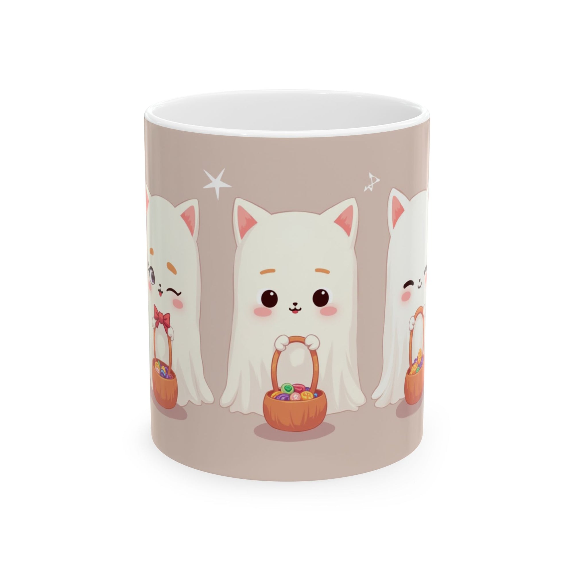Cute Ghost Kawaii Ceramic Mug for Halloween, Coffee Lover Gift, Cute Animal Cup, 11oz 15oz Drinkware, Adorable Cat Mug