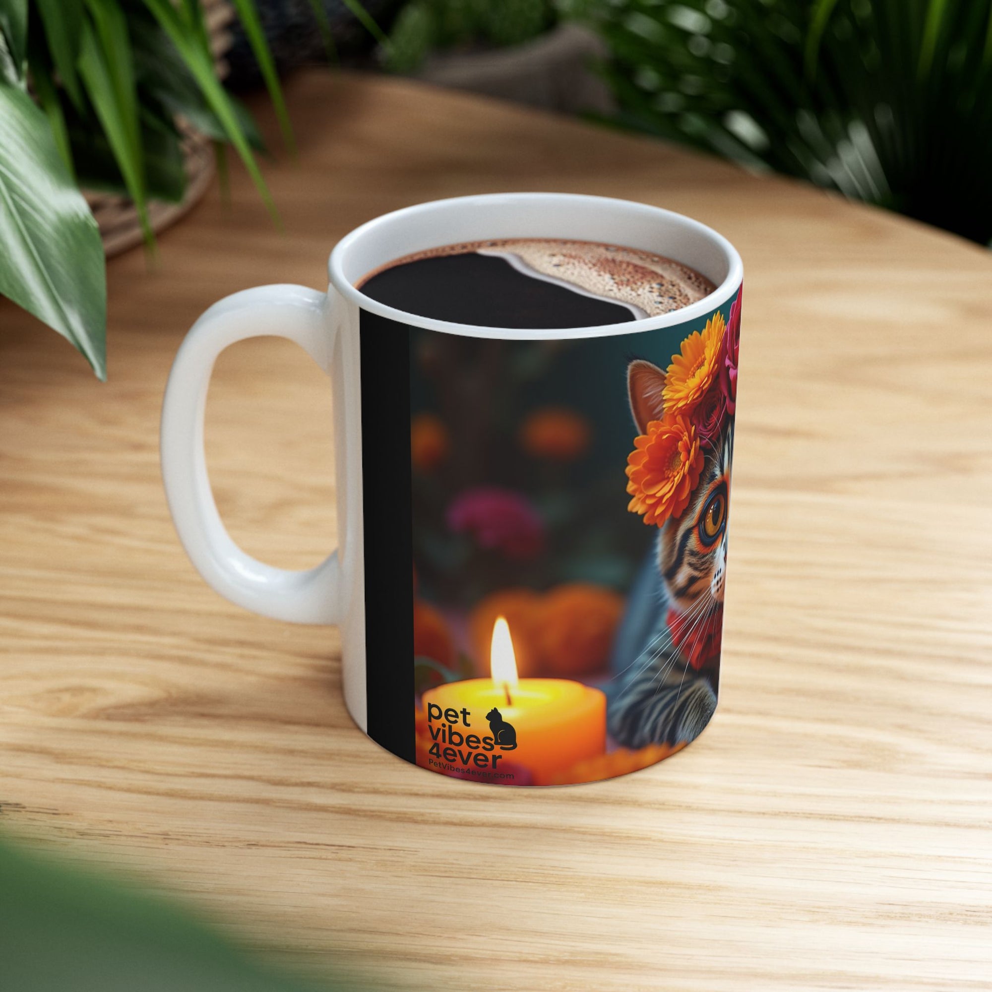 Flower Crown Cat Ceramic Mug - Colorful Cat Design, Unique Gift for Animal Lovers, Home Decor, Cat Mom Present, Coffee Mug, 11oz & 15oz