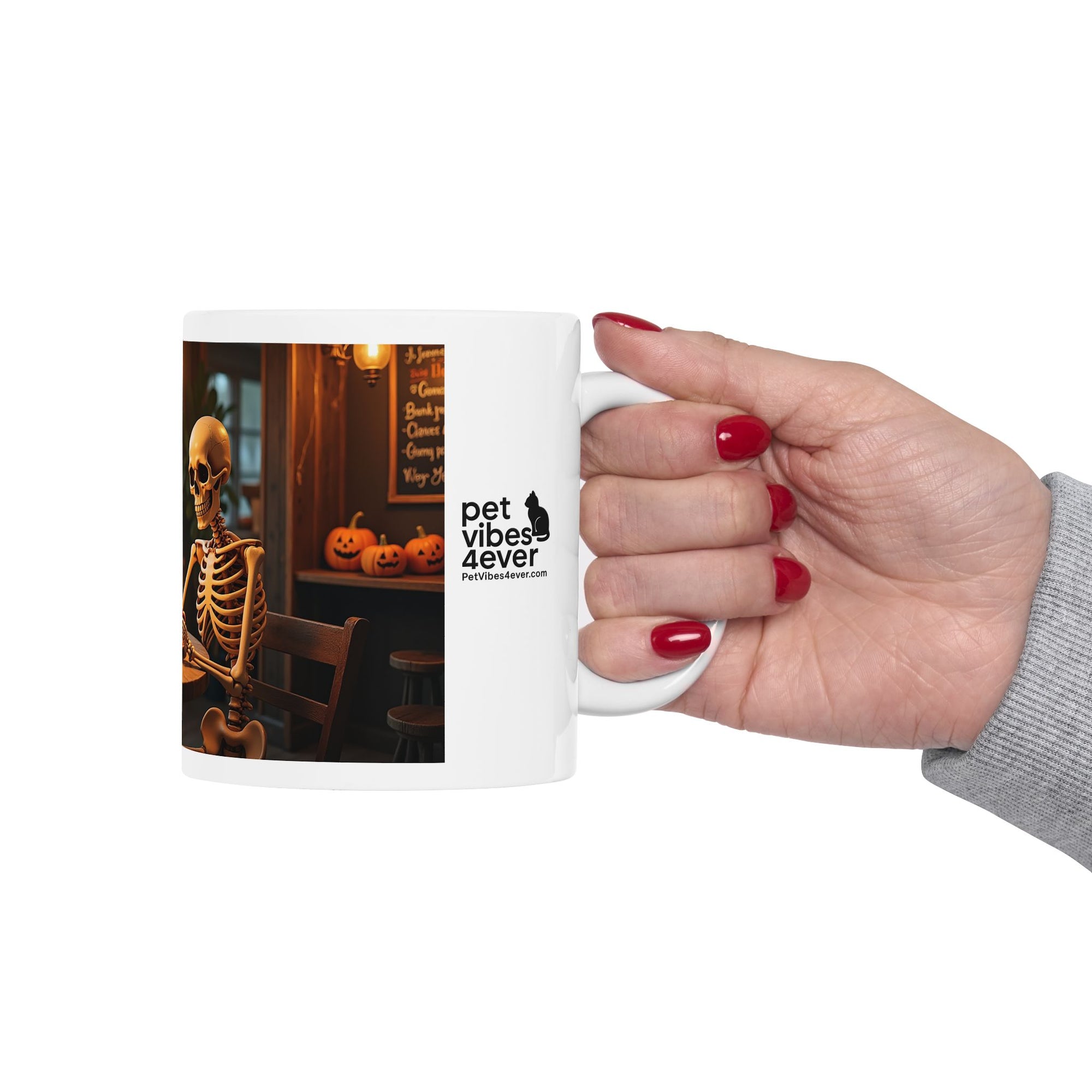 Whimsical Skeleton Cat Mug: Cozy Coffee Cup, Halloween Decor, Gift for Cat Lovers, Unique Kitchenware