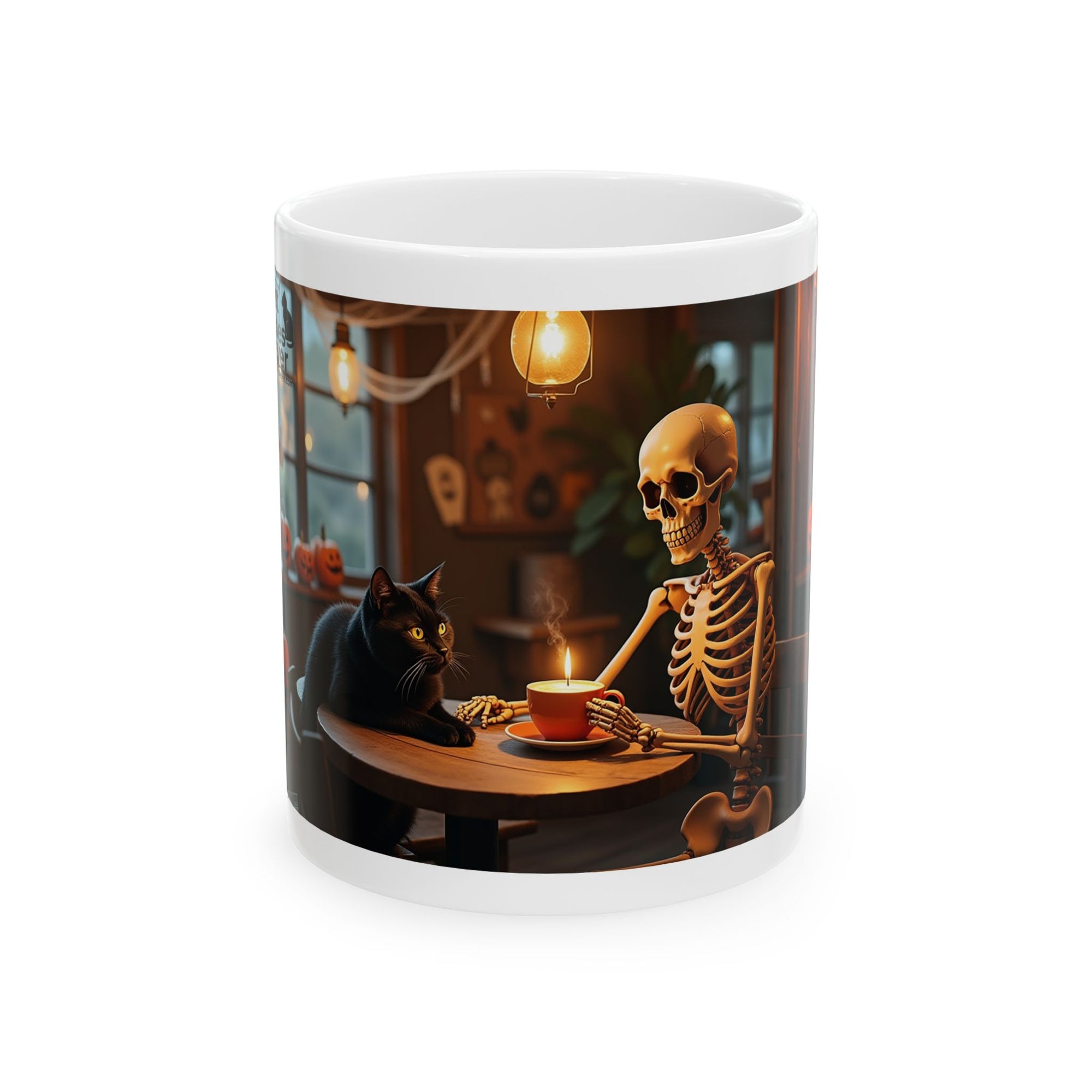 Whimsical Skeleton Cat Mug: Cozy Coffee Cup, Halloween Decor, Gift for Cat Lovers, Unique Kitchenware