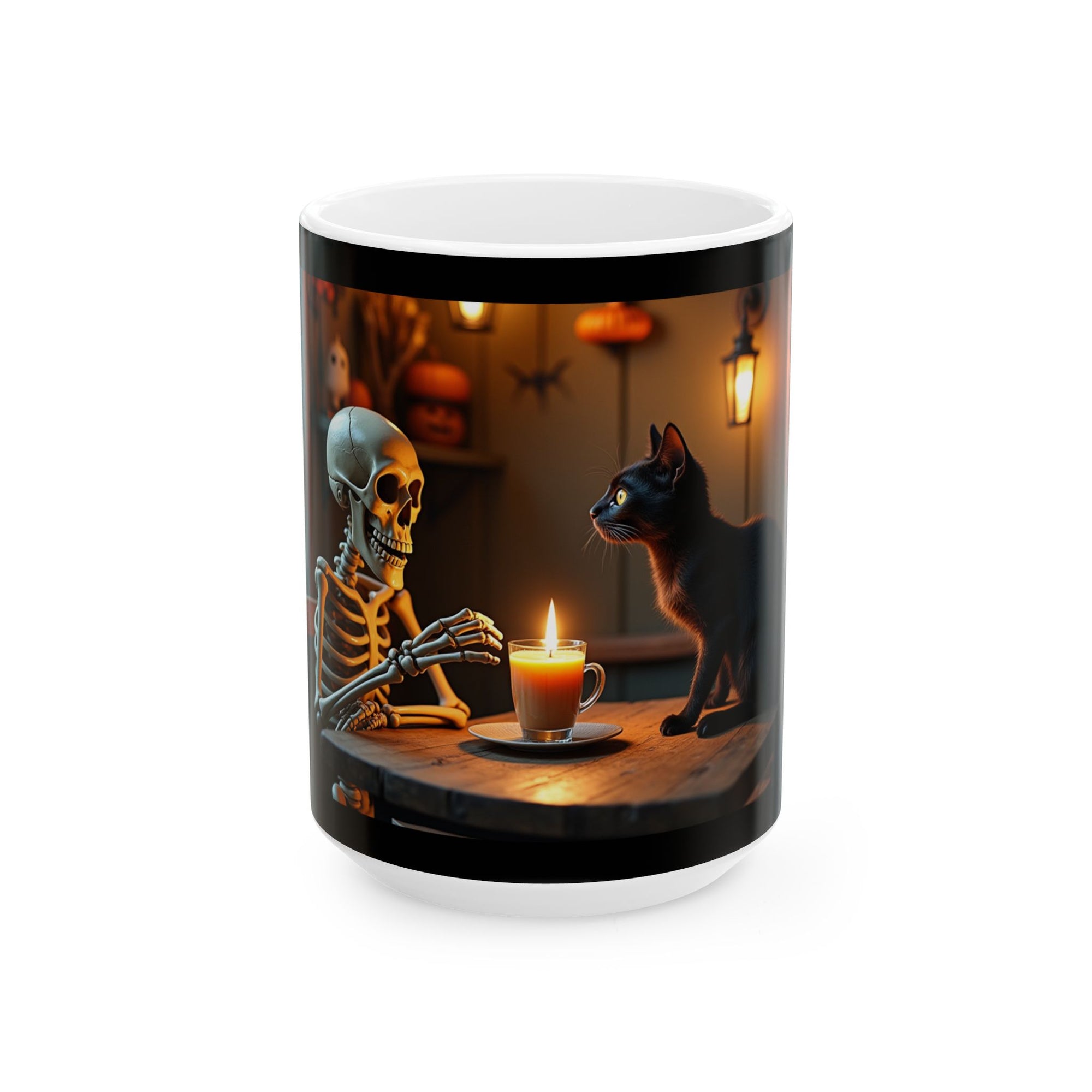 Spooky Skeleton & Cat Mug, Halloween Gift, Cute Ceramic Cup, Cozy Coffee Mug, Gothic Home Decor