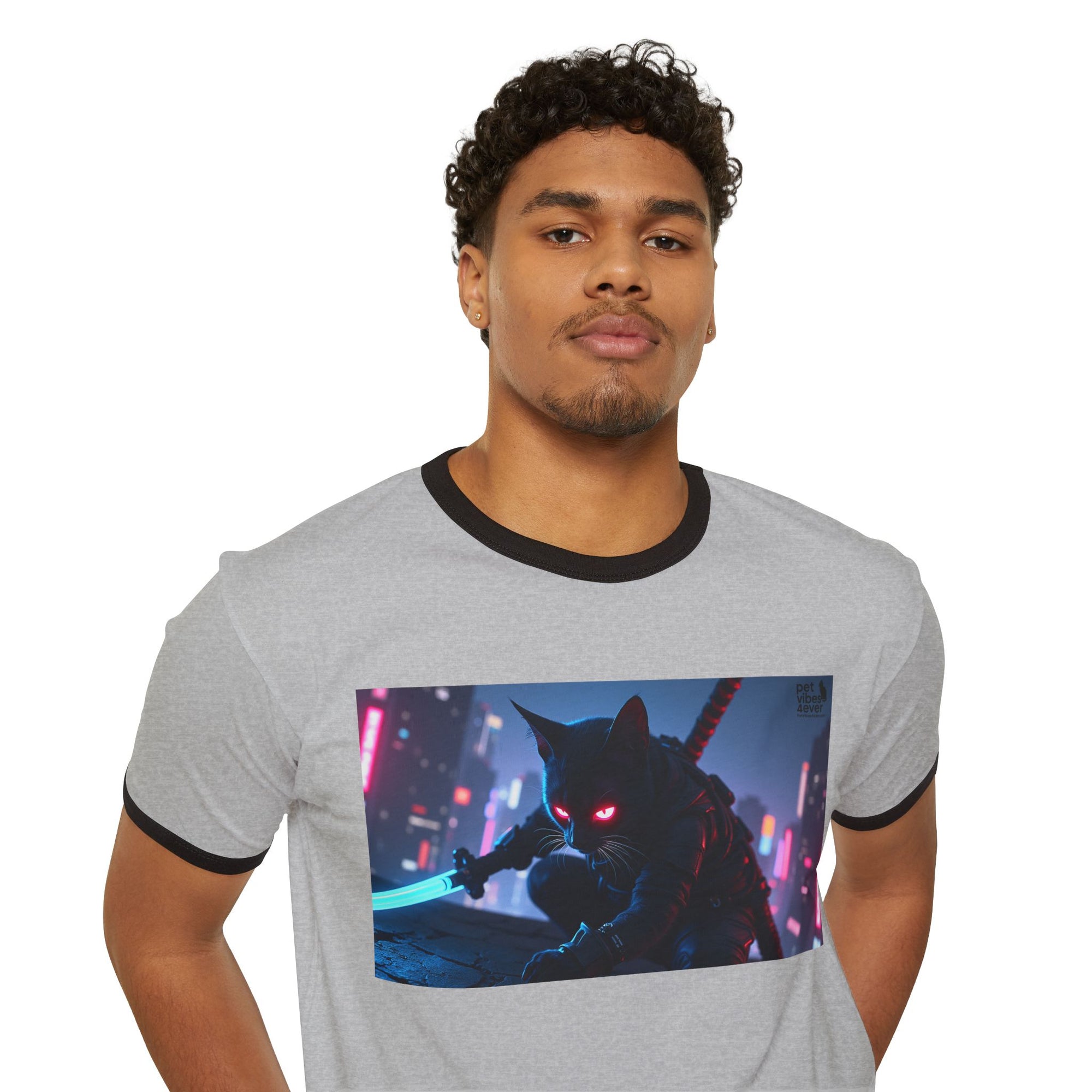 Cyberpunk Cat Unisex Ringer T-Shirt, Futuristic Tee, Cat Lover Gift, Retro Graphic Tee, Unique T-Shirt for Pet Lovers