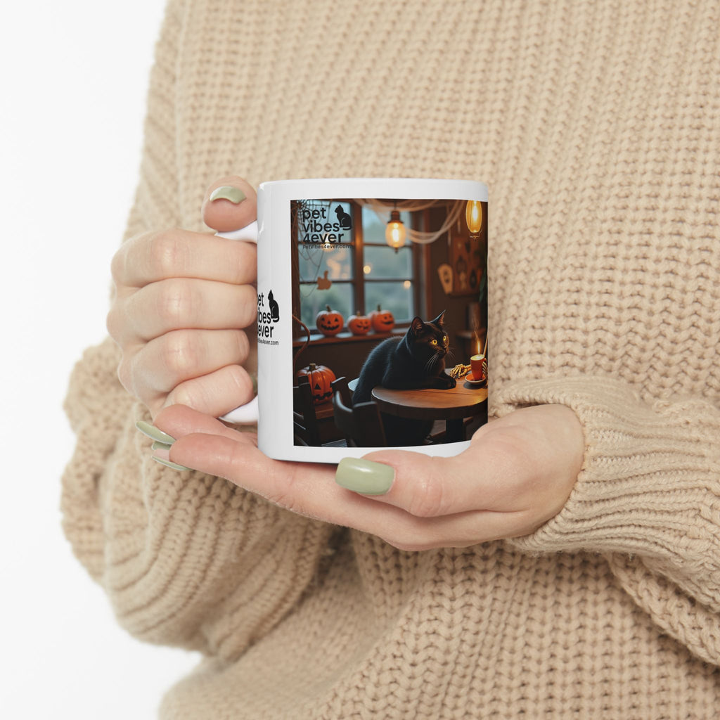 Whimsical Skeleton Cat Mug: Cozy Coffee Cup, Halloween Decor, Gift for Cat Lovers, Unique Kitchenware