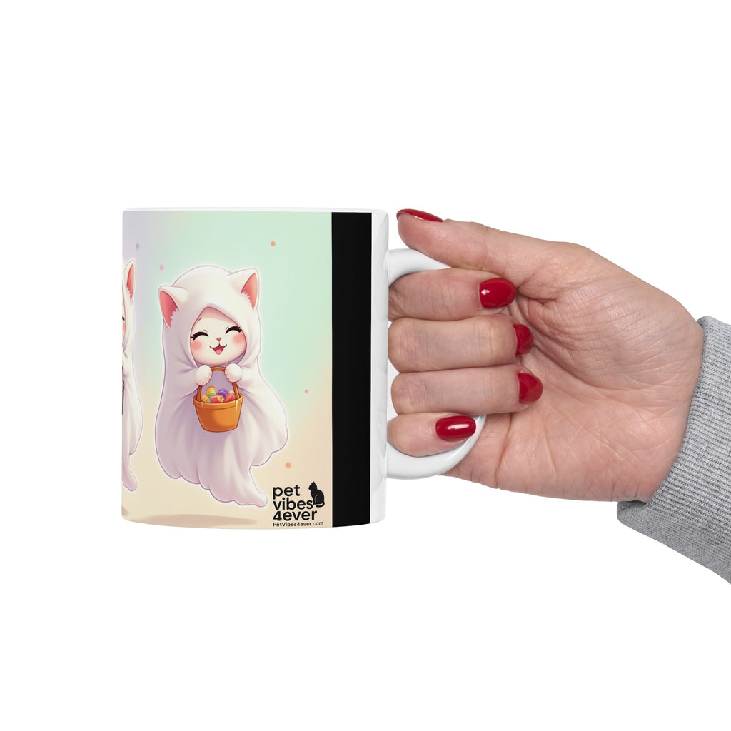 Adorable Ghost Cat Ceramic Mug - Perfect for Halloween, Cozy Vibes, Cat Lovers, Cute Gifts, Coffee/Tea Mug