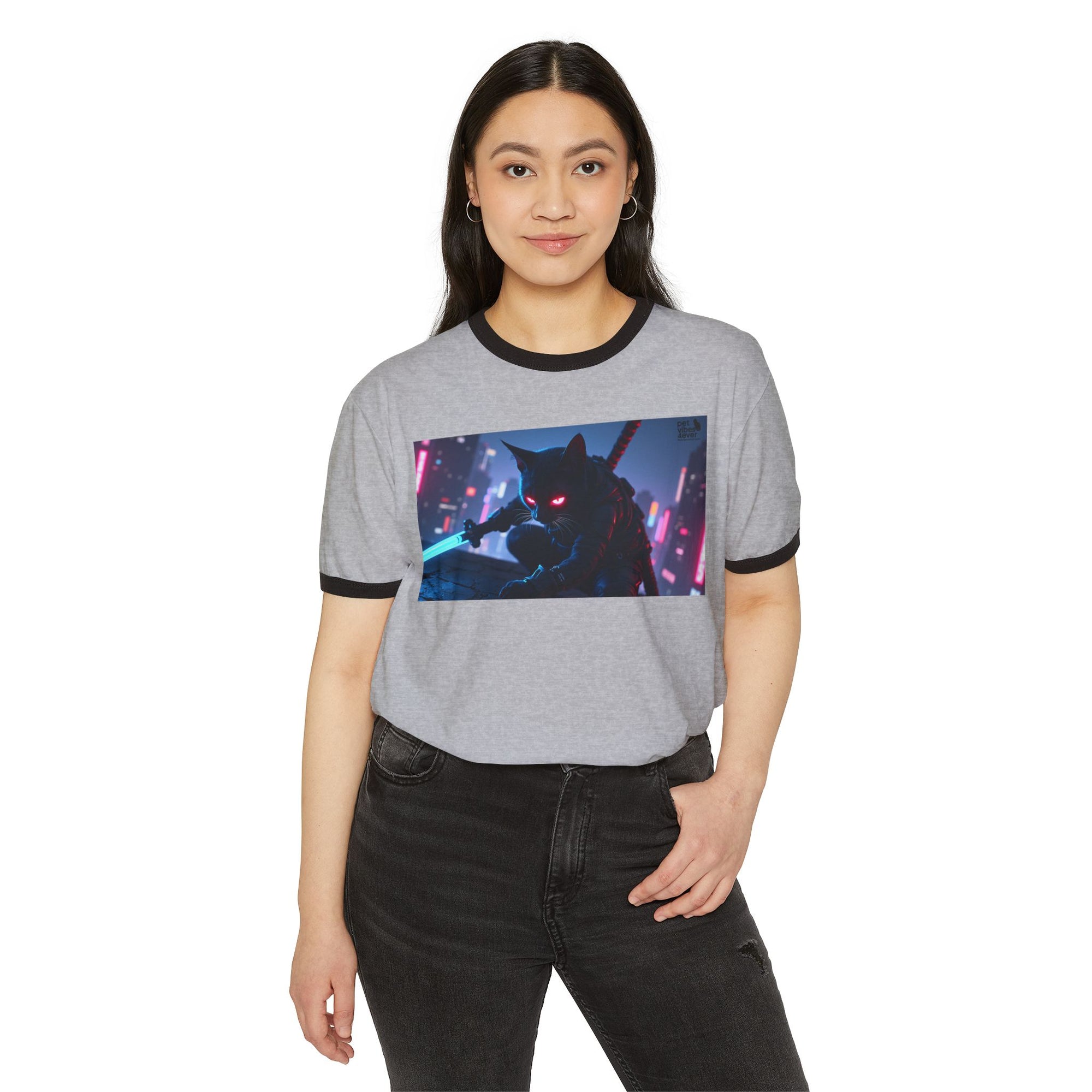 Cyberpunk Cat Unisex Ringer T-Shirt, Futuristic Tee, Cat Lover Gift, Retro Graphic Tee, Unique T-Shirt for Pet Lovers
