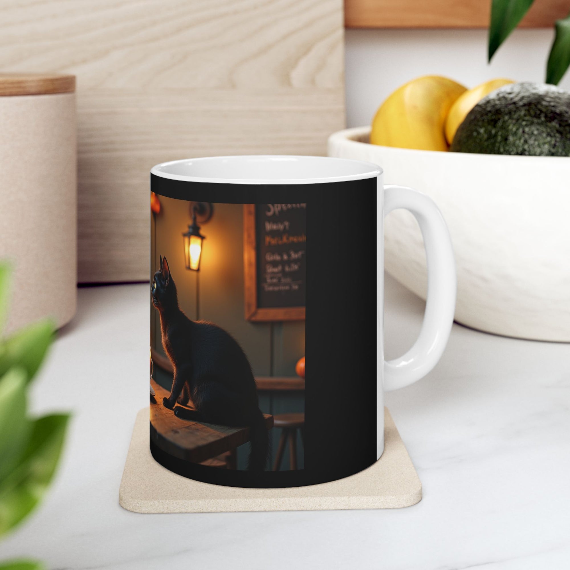 Spooky Skeleton & Cat Mug, Halloween Gift, Cute Ceramic Cup, Cozy Coffee Mug, Gothic Home Decor