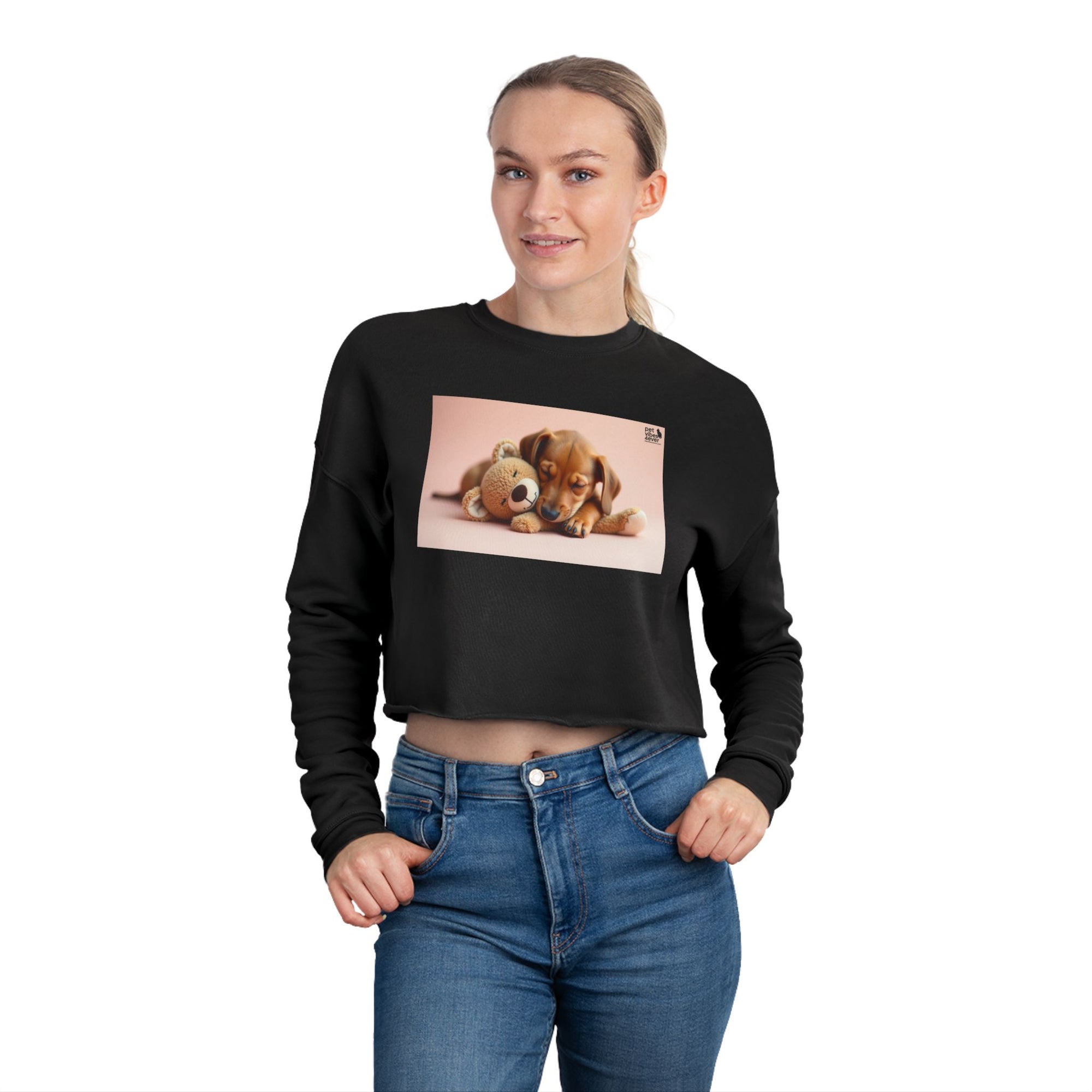Cute Puppy & Teddy Bear Cropped Sweatshirt, Cozy Animal Sweatshirt, Dog Lover Gift, Pet Themed Top, Comfortable Casual Wear