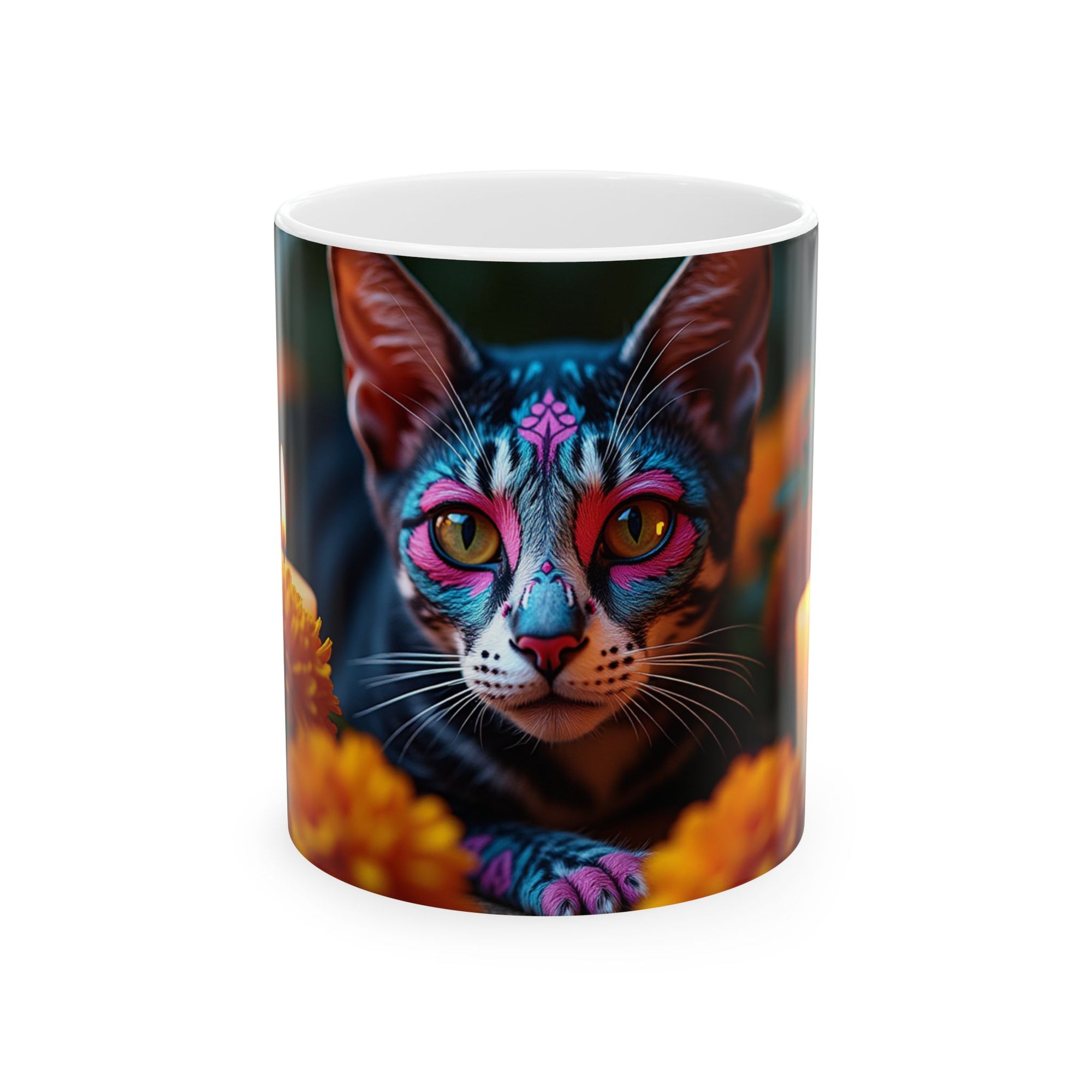 Colorful Cat Ceramic Mug | Cat Lover Gift, Unique Art Mug, Coffee Cup, Floral Design, Trendy Kitchen Decor