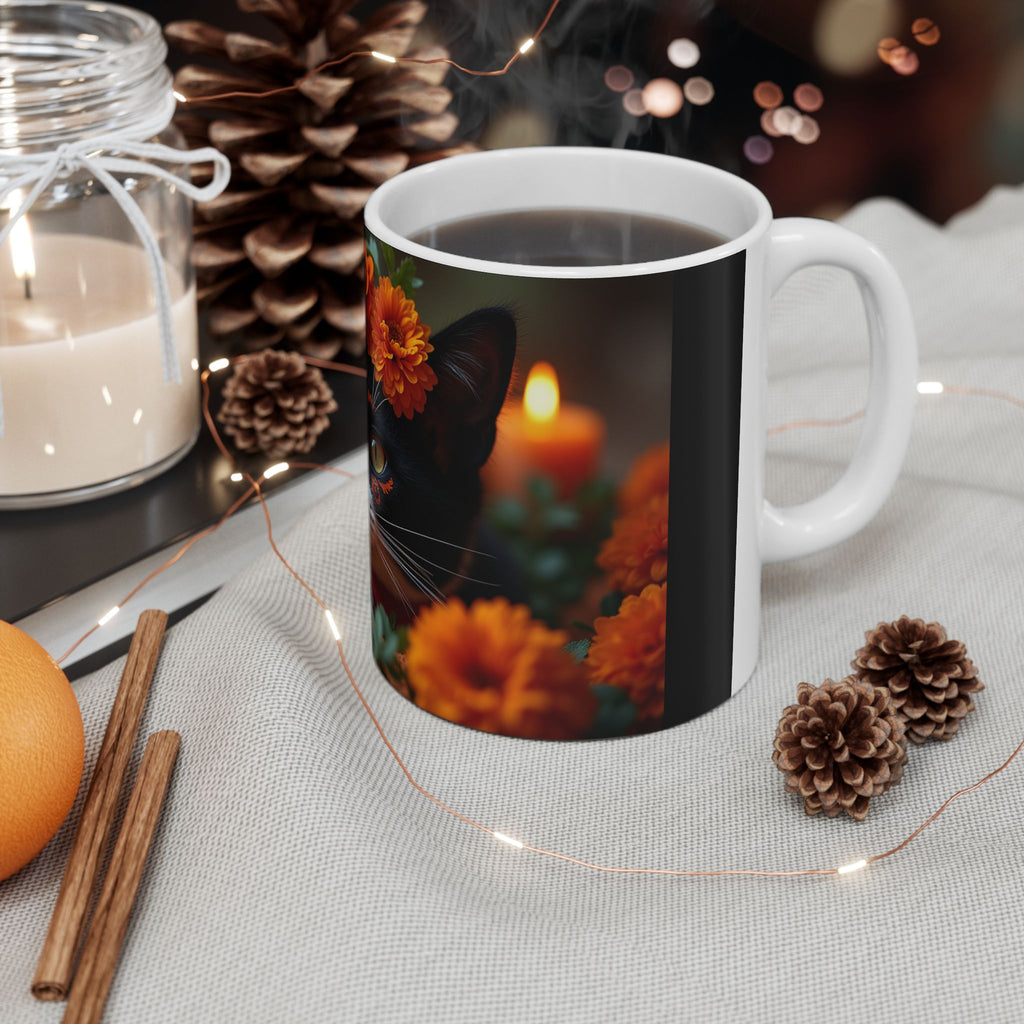 Cat Floral Ceramic Mug, Cute Cat Mug, Gift for Cat Lovers, Coffee Mug, Animal Lover's Gift