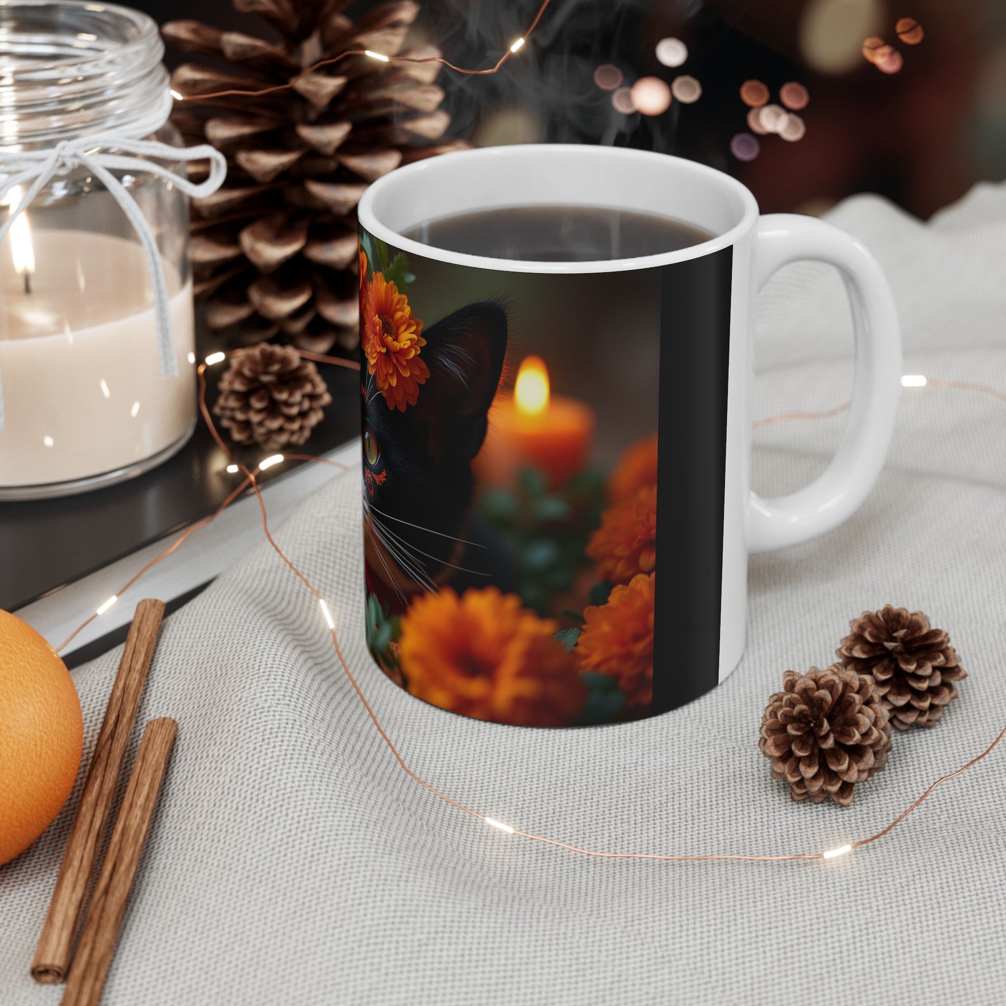 Cat Floral Ceramic Mug, Cute Cat Mug, Gift for Cat Lovers, Coffee Mug, Animal Lover's Gift