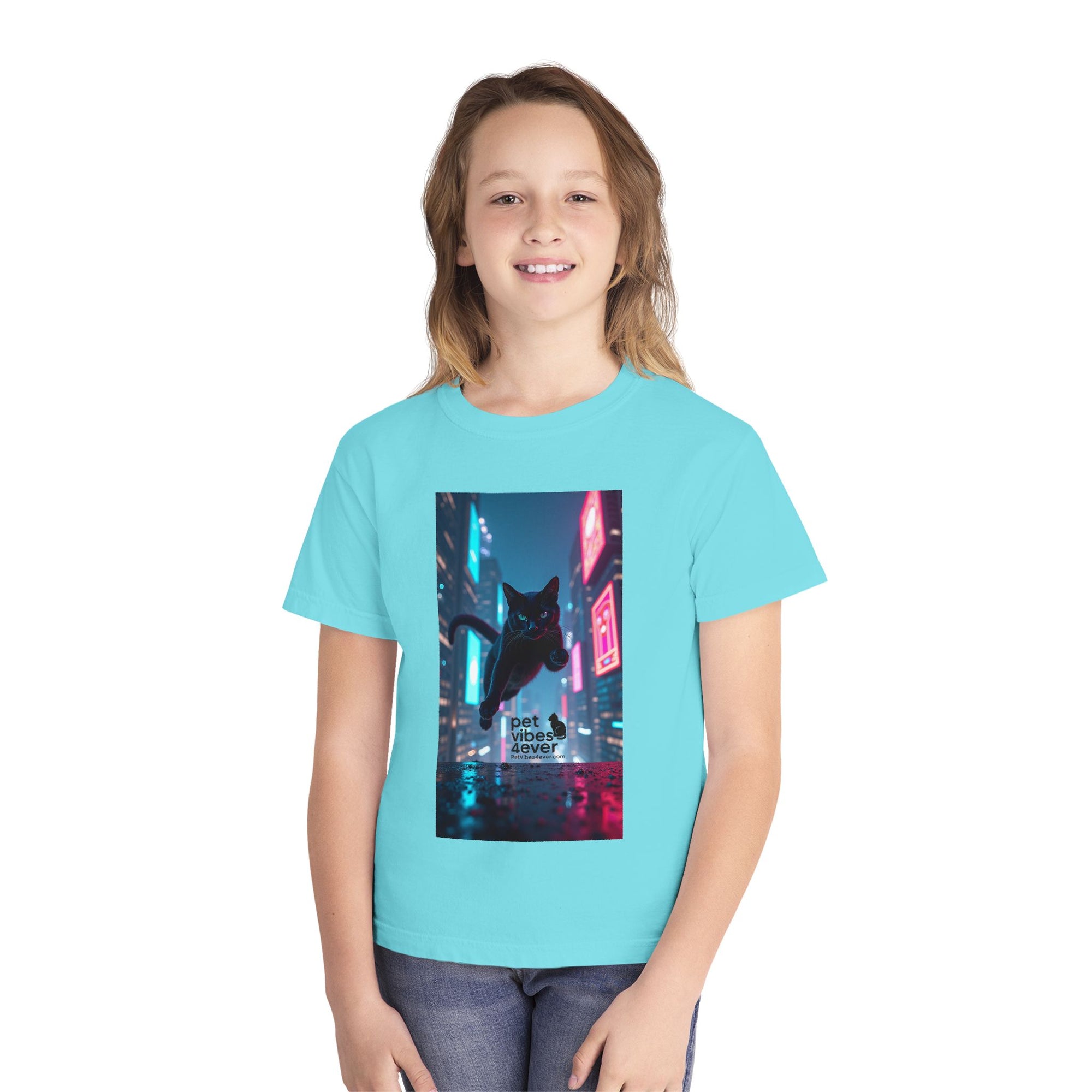 Youth Cat Vibes Tee, Cool Graphic Youth T-Shirt, Stylish Cat Shirt, Perfect for Pet Lovers, Casual Wear, Birthday Gift