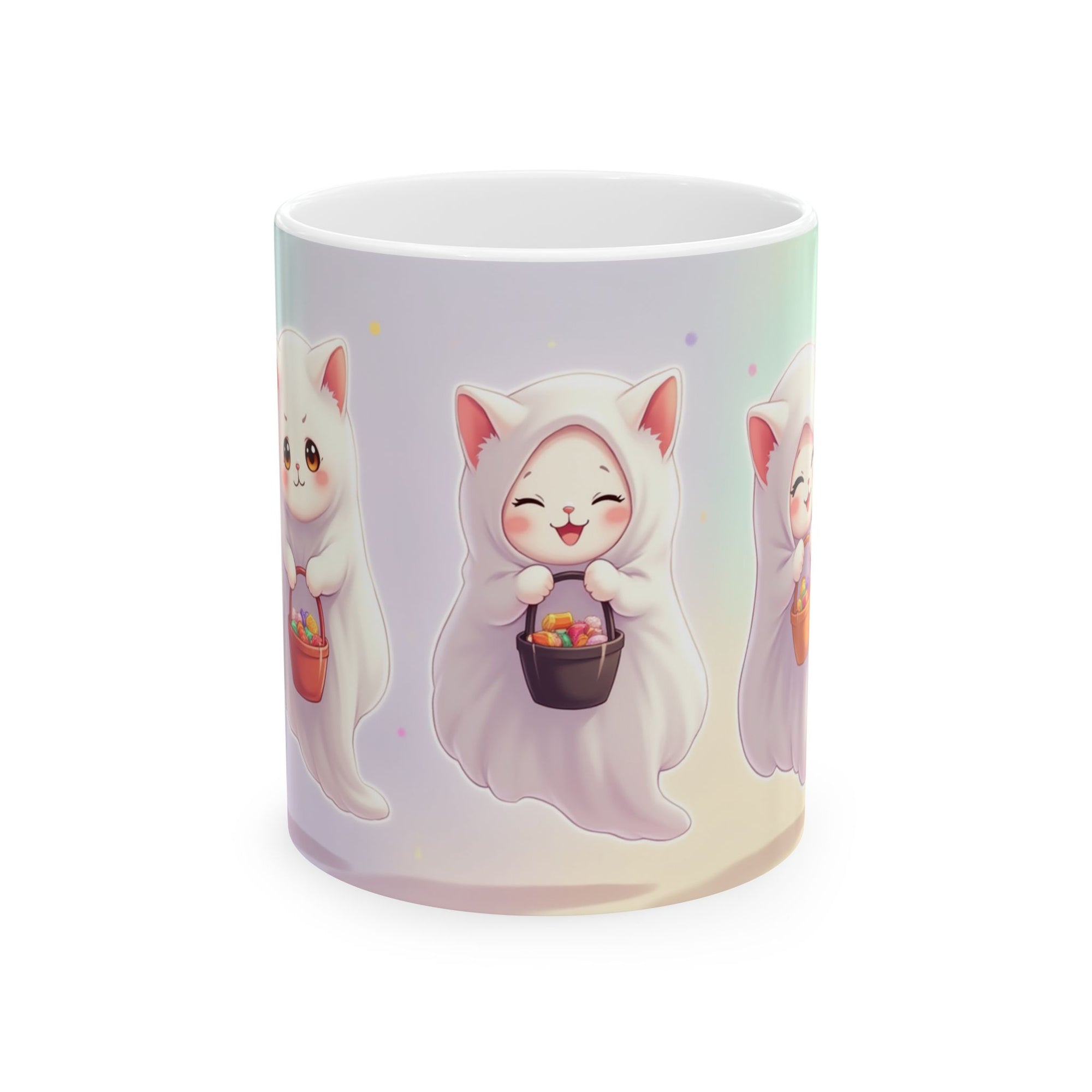 Adorable Ghost Cat Ceramic Mug - Perfect for Halloween, Cozy Vibes, Cat Lovers, Cute Gifts, Coffee/Tea Mug