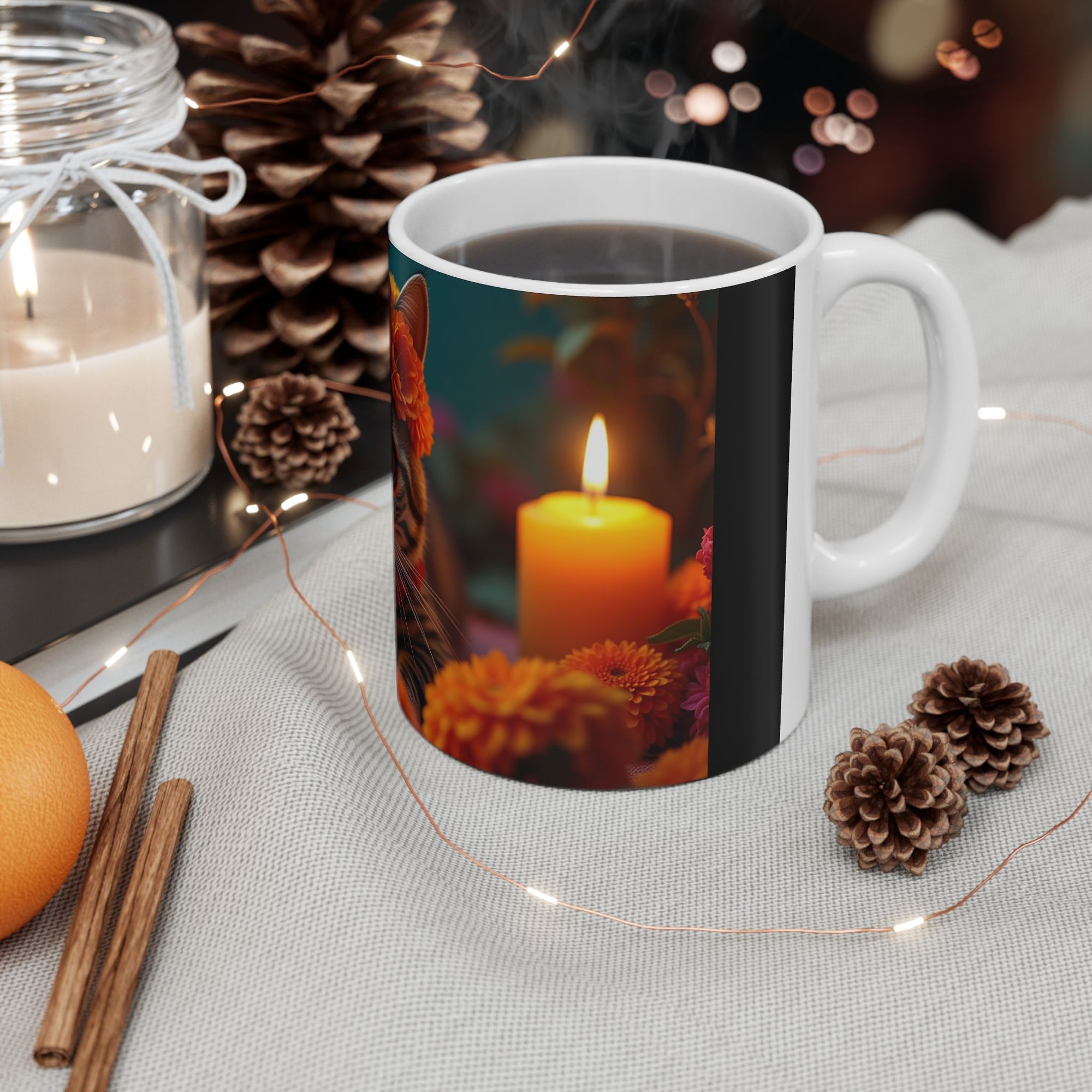Flower Crown Cat Ceramic Mug - Colorful Cat Design, Unique Gift for Animal Lovers, Home Decor, Cat Mom Present, Coffee Mug, 11oz & 15oz