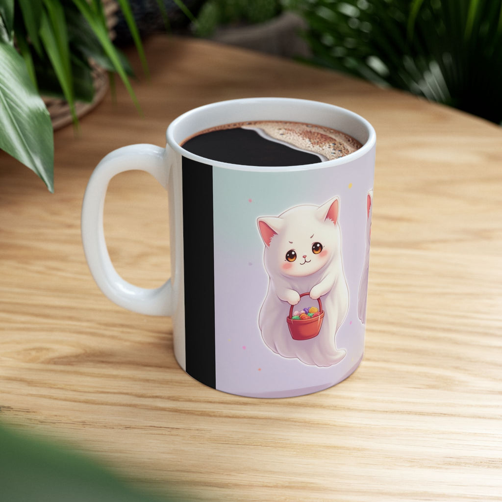 Adorable Ghost Cat Ceramic Mug - Perfect for Halloween, Cozy Vibes, Cat Lovers, Cute Gifts, Coffee/Tea Mug