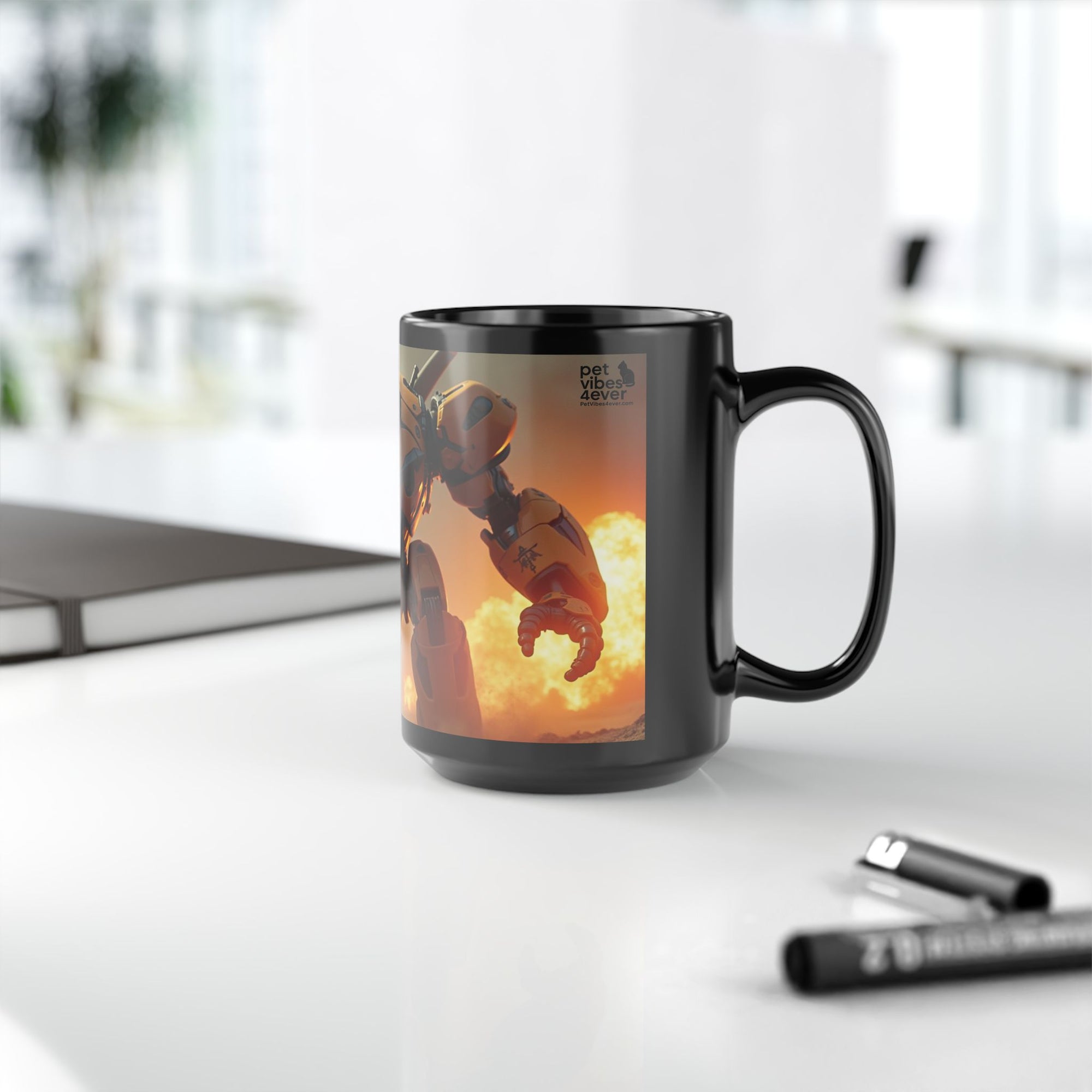 Robot-Inspired Black Mug, 15oz | Unique Gift for Gamers, Pet Lovers, Home Decor, Coffee Lovers, Fun Kitchenware