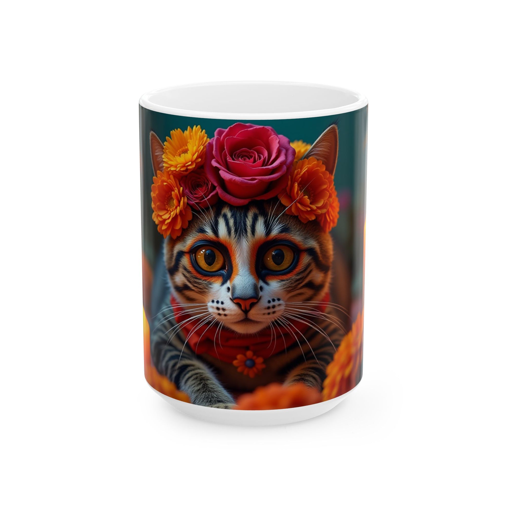 Flower Crown Cat Ceramic Mug - Colorful Cat Design, Unique Gift for Animal Lovers, Home Decor, Cat Mom Present, Coffee Mug, 11oz & 15oz