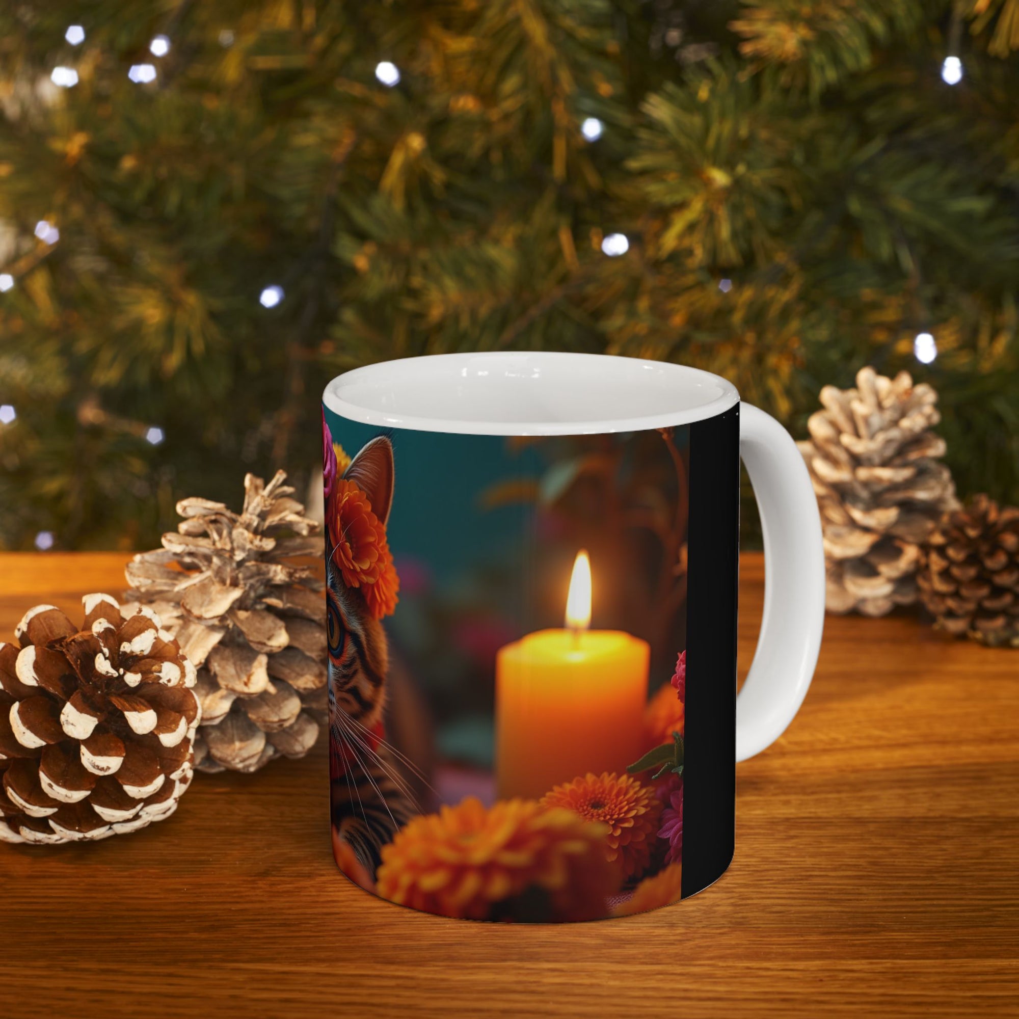 Flower Crown Cat Ceramic Mug - Colorful Cat Design, Unique Gift for Animal Lovers, Home Decor, Cat Mom Present, Coffee Mug, 11oz & 15oz