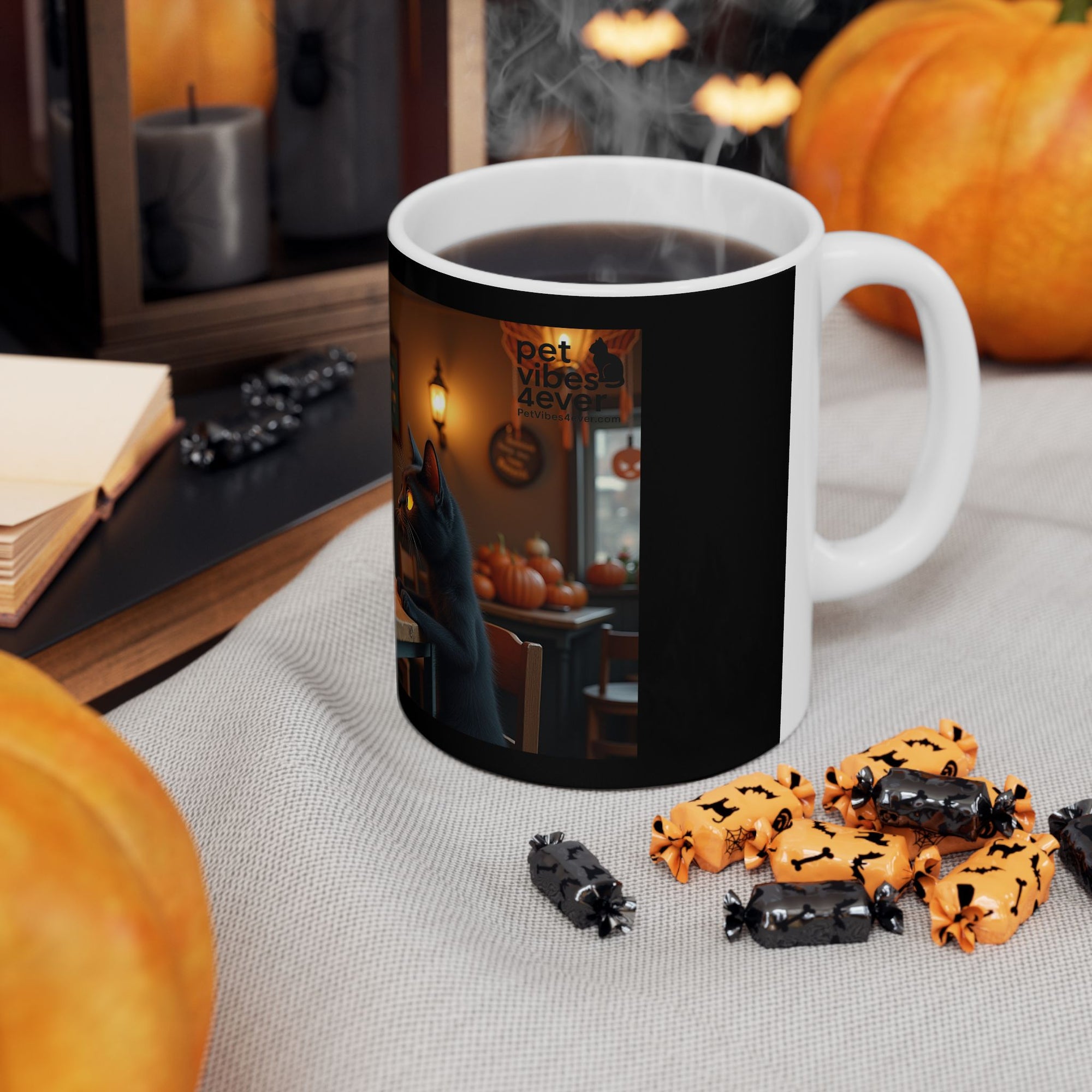 Skeleton & Cat Coffee Mug, Unique Gift for Cat Lovers, Halloween Decor, Fun Kitchenware, Tea Lover's Gift