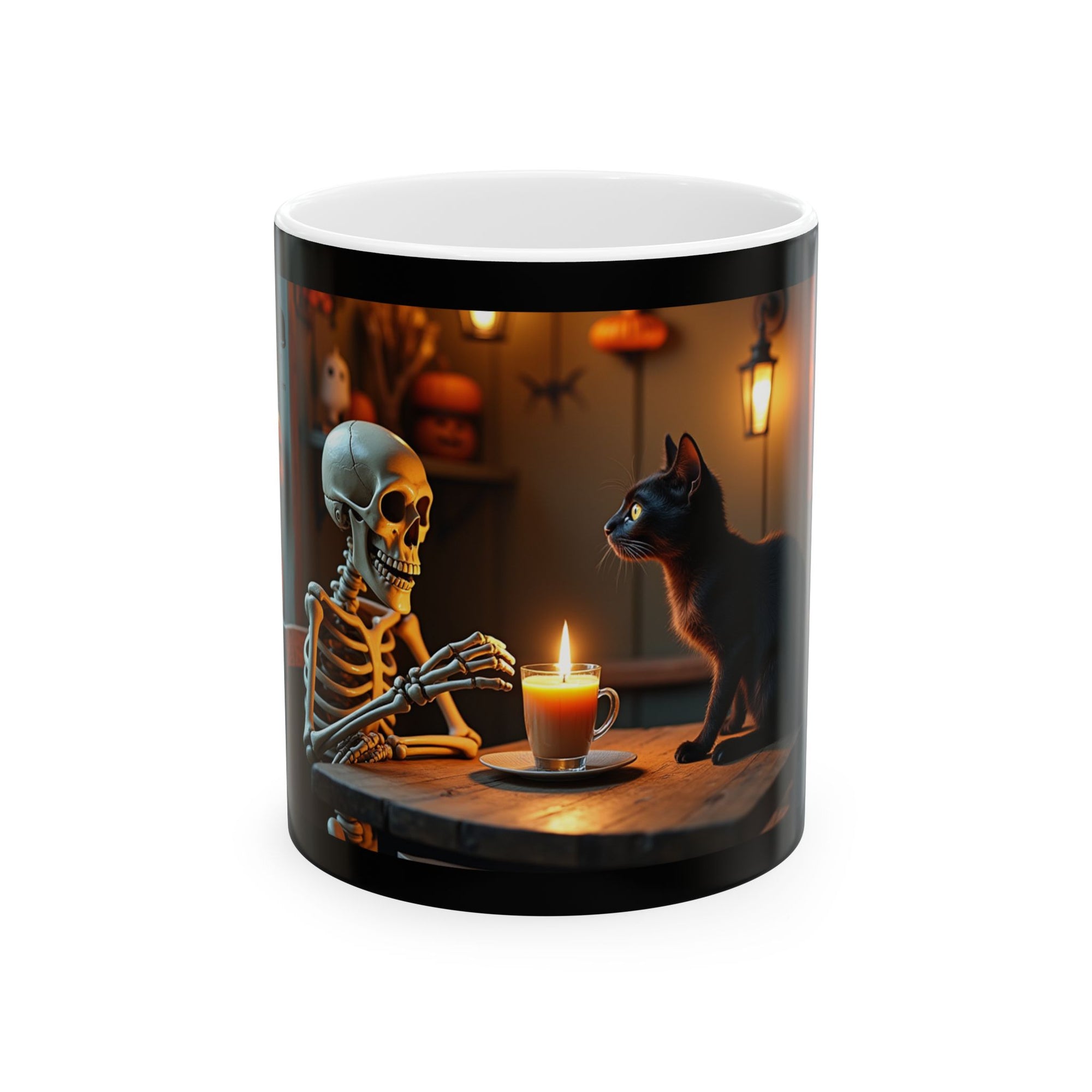 Spooky Skeleton & Cat Mug, Halloween Gift, Cute Ceramic Cup, Cozy Coffee Mug, Gothic Home Decor