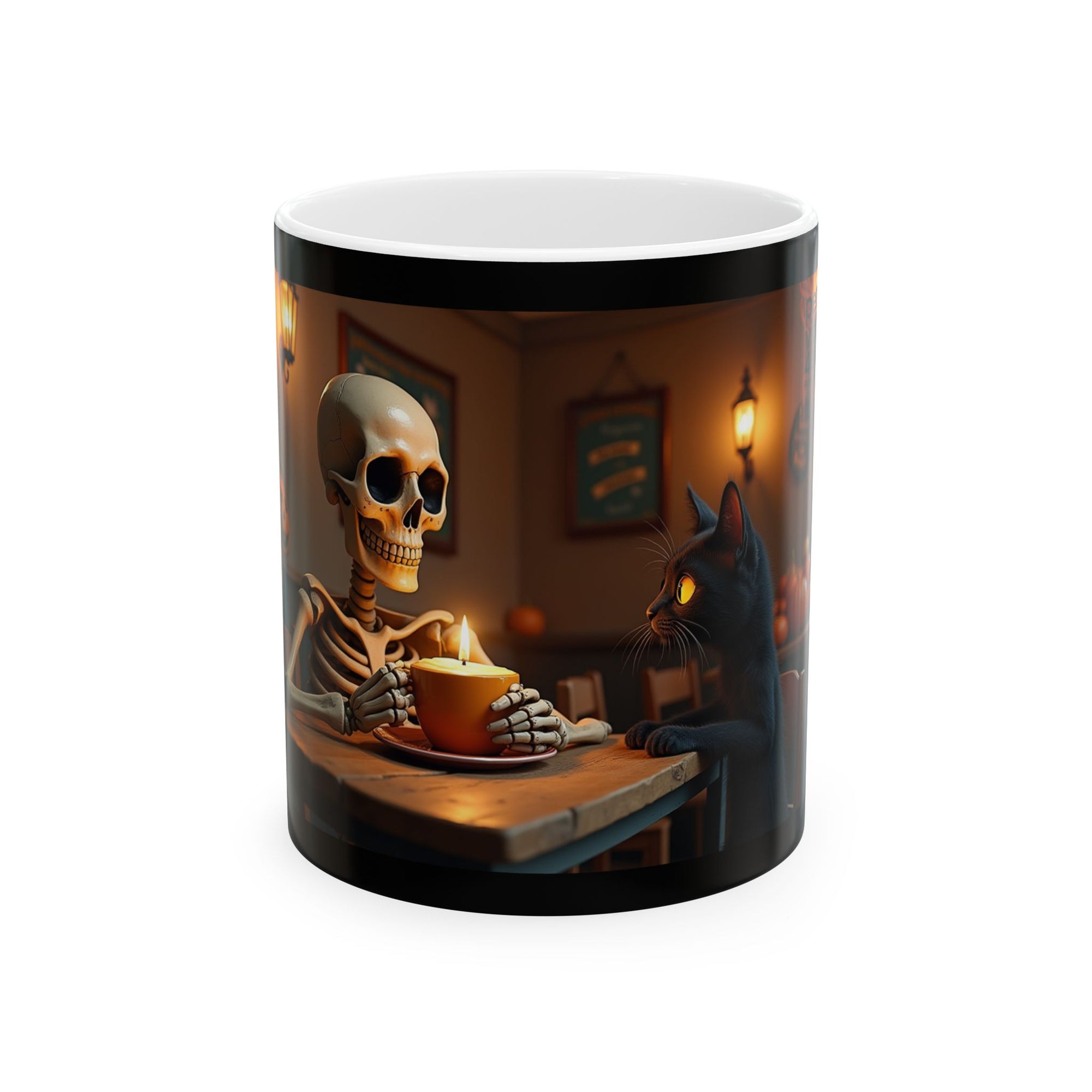 Skeleton & Cat Coffee Mug, Unique Gift for Cat Lovers, Halloween Decor, Fun Kitchenware, Tea Lover's Gift