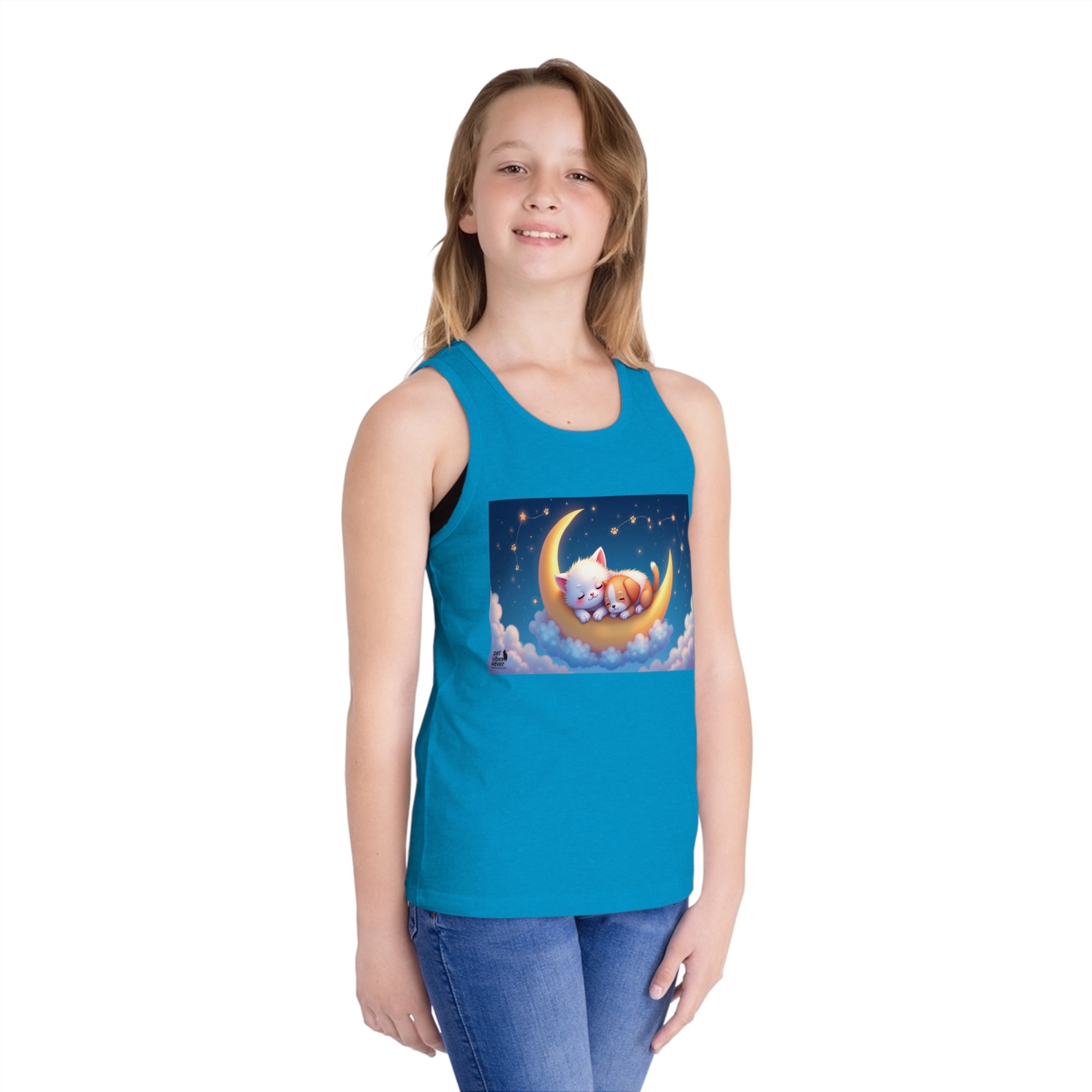 Dreamy Cat Moon Kids Tank Top, Cute Summer Top, Gift for Girls, Sleepover Outfit, Pajama Party Tee, Cat Lovers Clothing