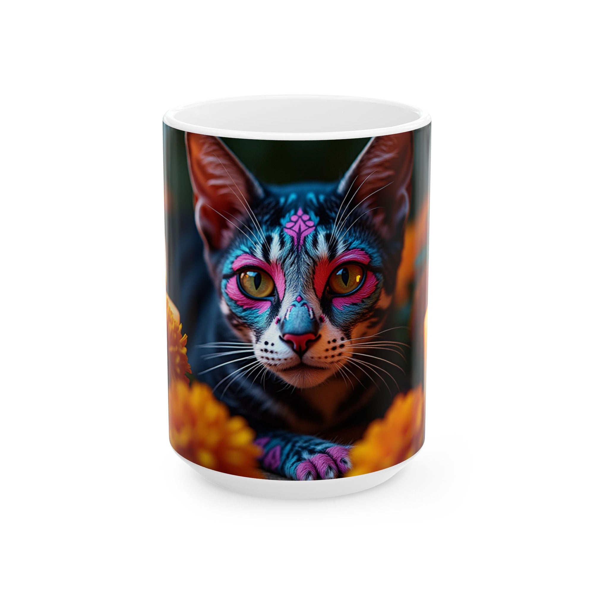 Colorful Cat Ceramic Mug | Cat Lover Gift, Unique Art Mug, Coffee Cup, Floral Design, Trendy Kitchen Decor