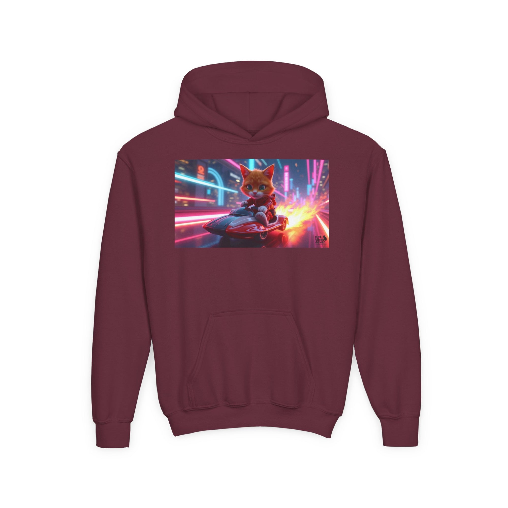 Youth Heavy Blend Hooded Sweatshirt with Cool Cat Design, Perfect for Comics Lovers, Gaming Gear, Birthday Gifts, Casual Wear, Holidays