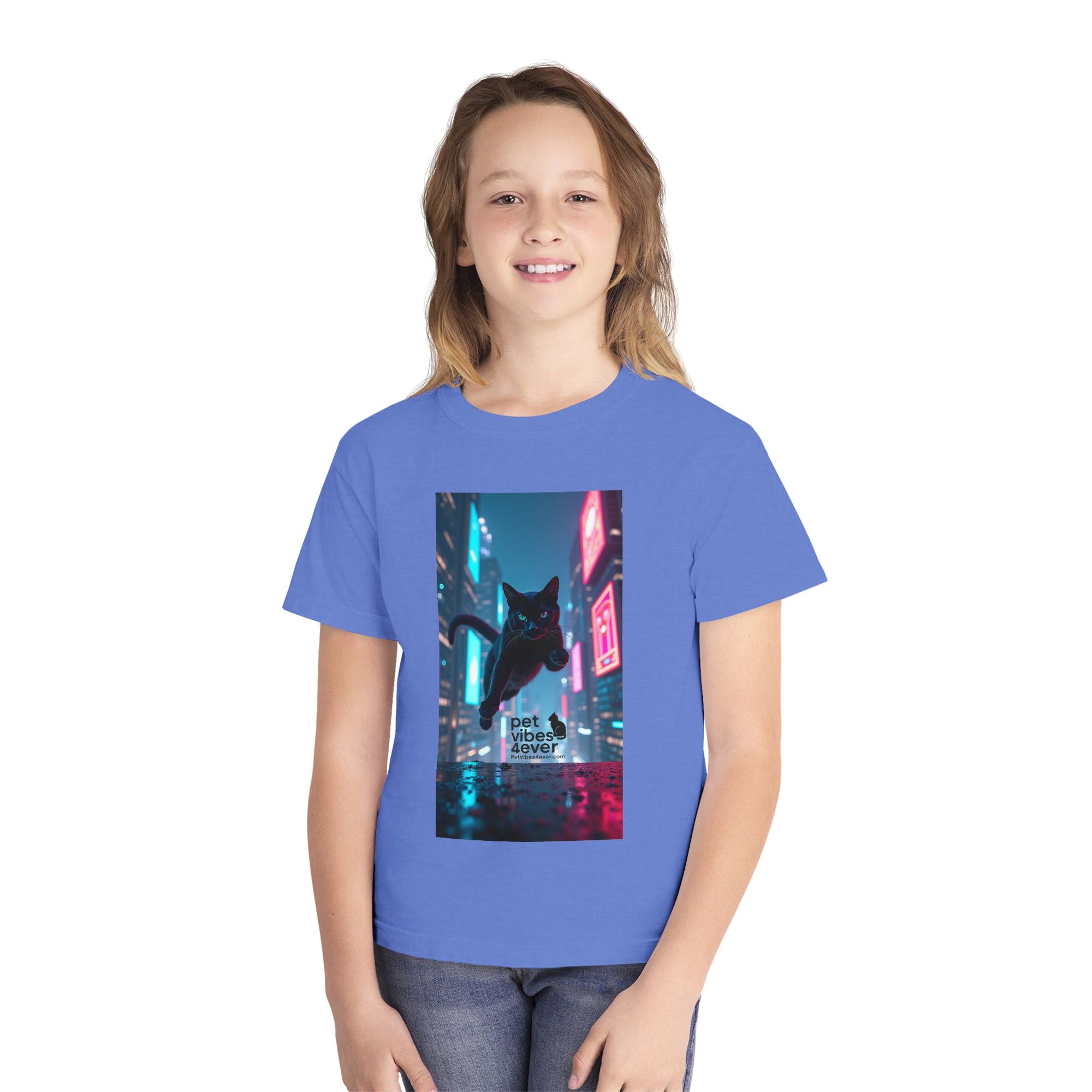 Youth Cat Vibes Tee, Cool Graphic Youth T-Shirt, Stylish Cat Shirt, Perfect for Pet Lovers, Casual Wear, Birthday Gift