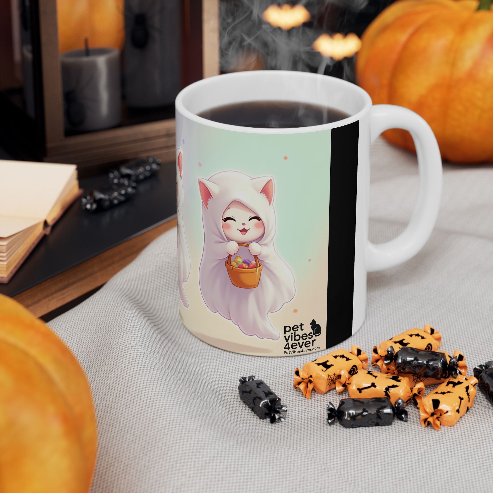 Adorable Ghost Cat Ceramic Mug - Perfect for Halloween, Cozy Vibes, Cat Lovers, Cute Gifts, Coffee/Tea Mug