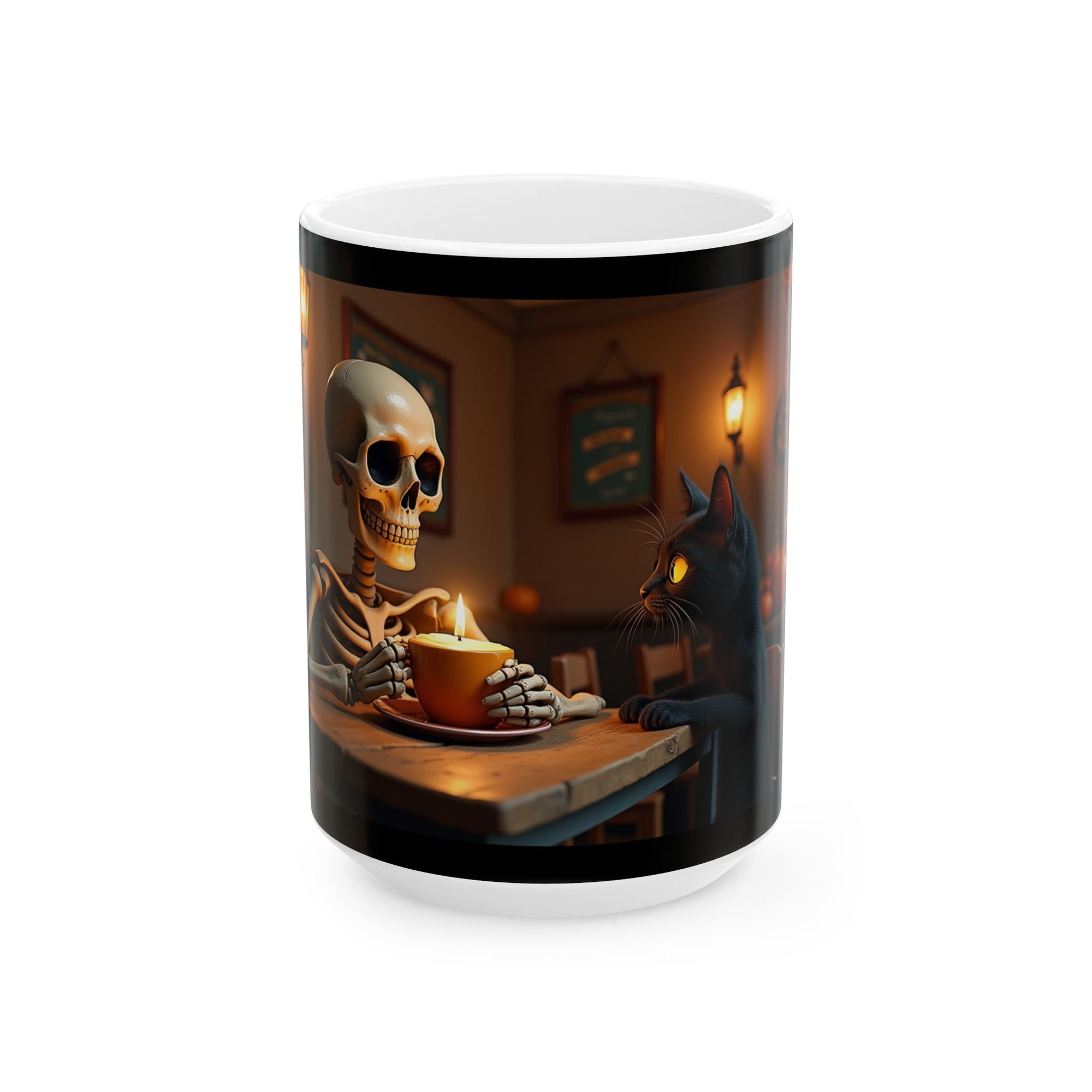 Skeleton & Cat Coffee Mug, Unique Gift for Cat Lovers, Halloween Decor, Fun Kitchenware, Tea Lover's Gift