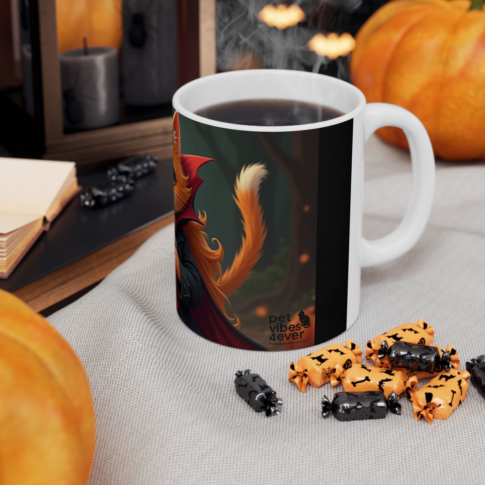 Spooky Cat Ceramic Mug, Halloween Gift, Cute Cat Lover's Mug, Whimsical Coffee Cup, Unique Cat Decor