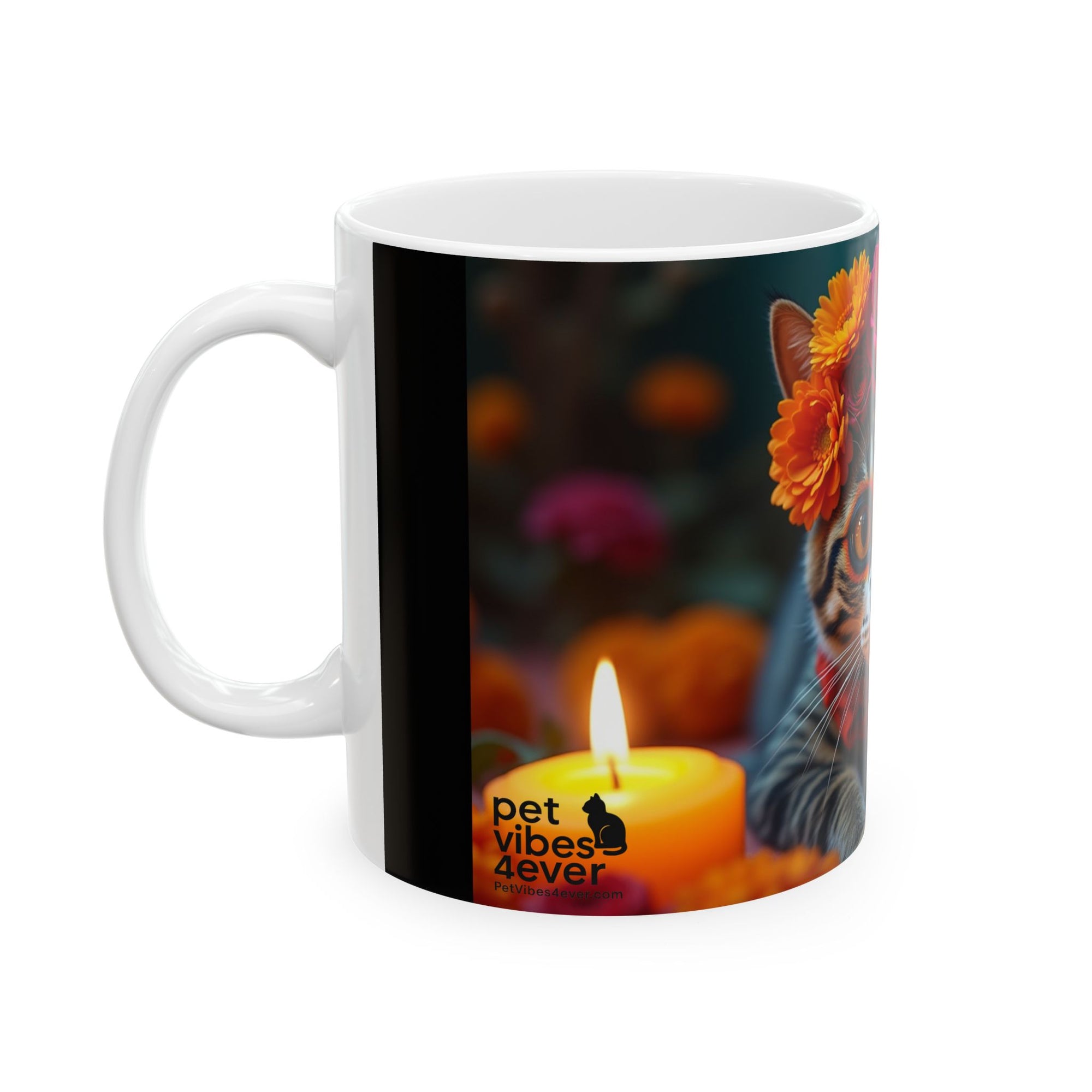 Flower Crown Cat Ceramic Mug - Colorful Cat Design, Unique Gift for Animal Lovers, Home Decor, Cat Mom Present, Coffee Mug, 11oz & 15oz