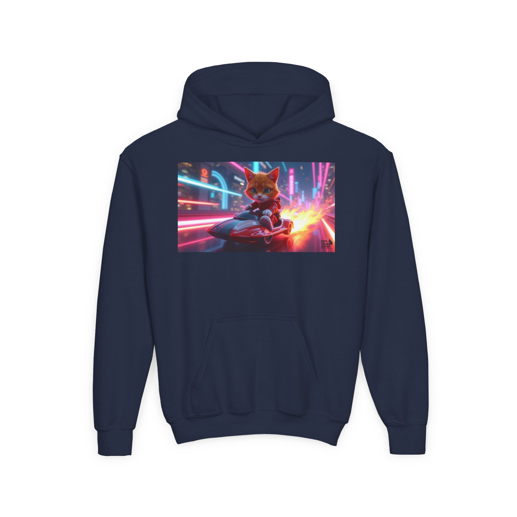 Youth Heavy Blend Hooded Sweatshirt with Cool Cat Design, Perfect for Comics Lovers, Gaming Gear, Birthday Gifts, Casual Wear, Holidays