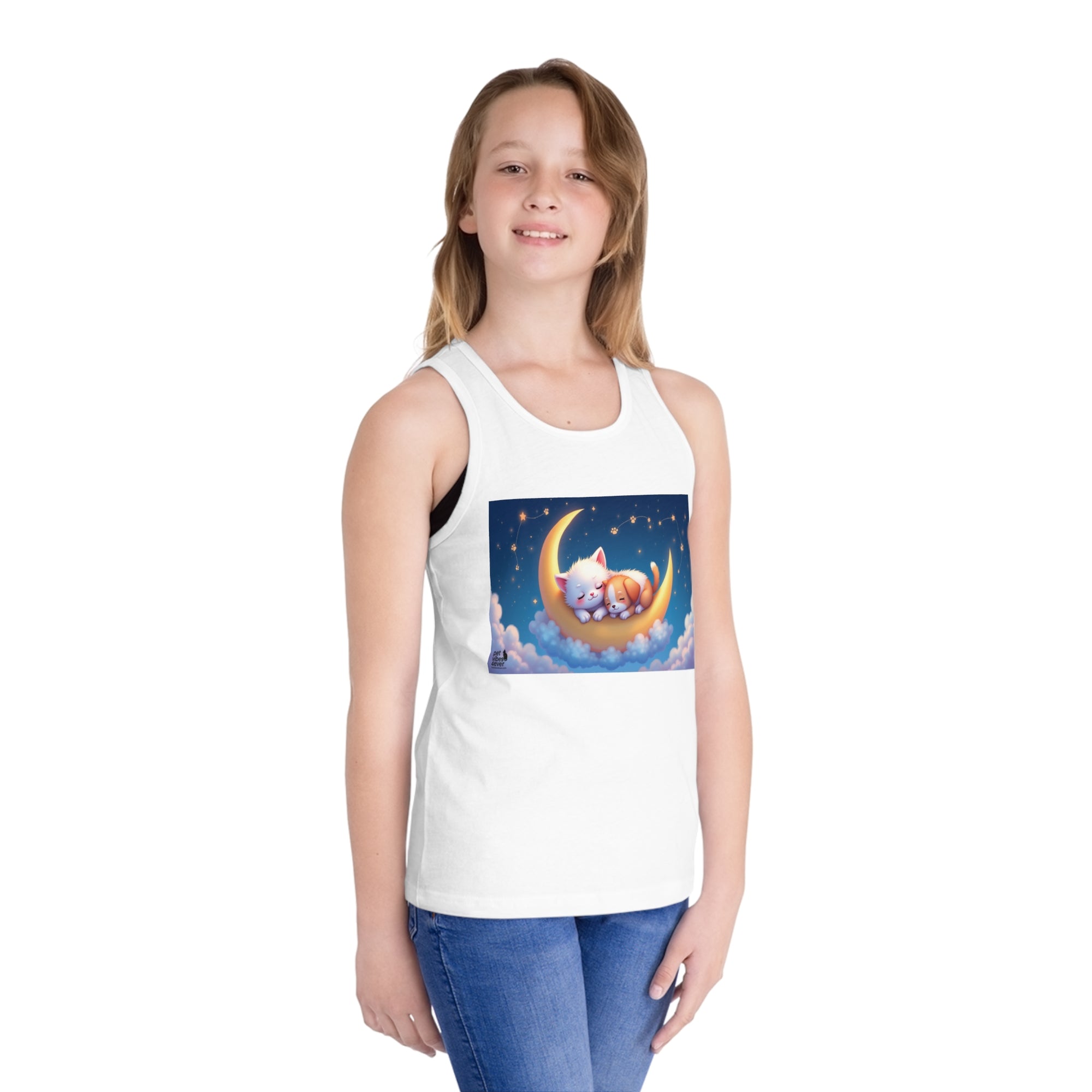 Dreamy Cat Moon Kids Tank Top, Cute Summer Top, Gift for Girls, Sleepover Outfit, Pajama Party Tee, Cat Lovers Clothing