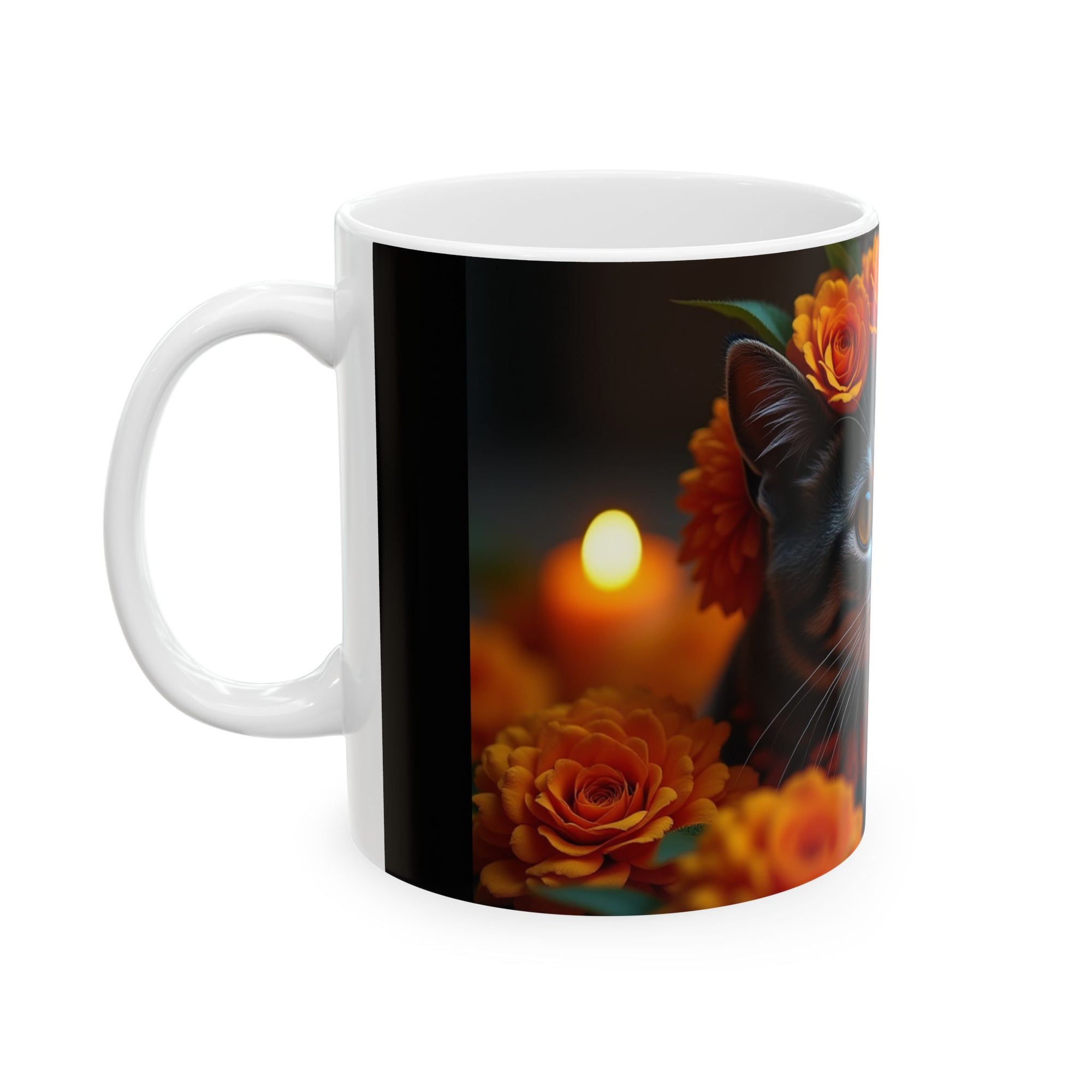 Whimsical Cat Ceramic Mug - Perfect Gift for Cat Lovers, Halloween Decor, Cozy Coffee Cup, Tea Mug, Floral Design
