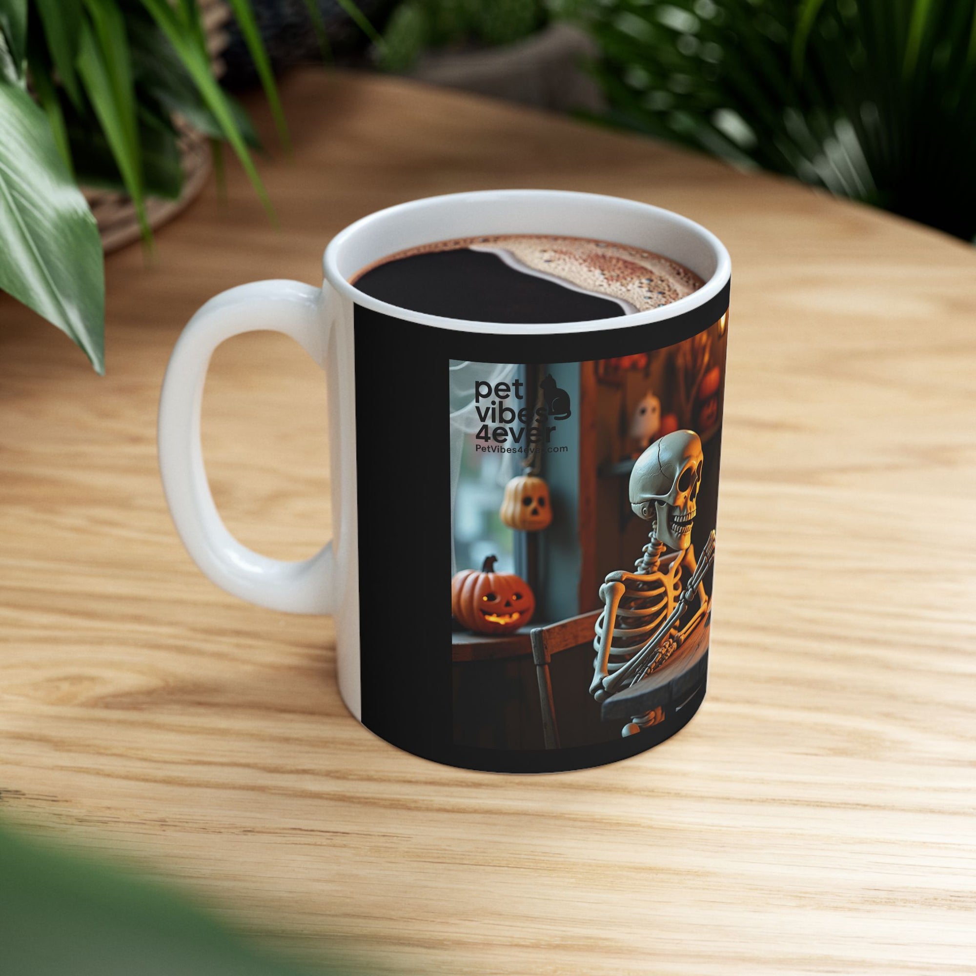 Spooky Skeleton & Cat Mug, Halloween Gift, Cute Ceramic Cup, Cozy Coffee Mug, Gothic Home Decor