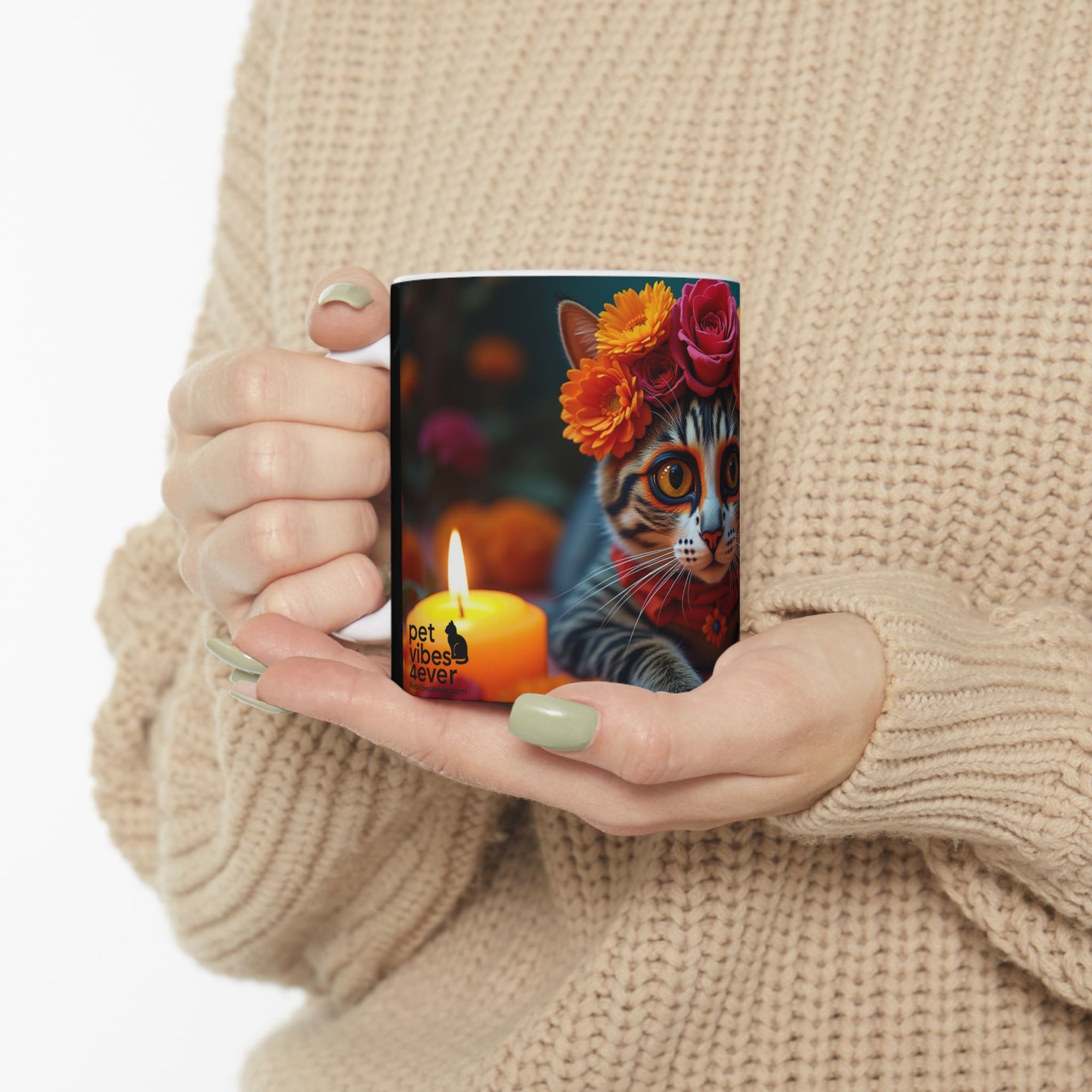 Flower Crown Cat Ceramic Mug - Colorful Cat Design, Unique Gift for Animal Lovers, Home Decor, Cat Mom Present, Coffee Mug, 11oz & 15oz