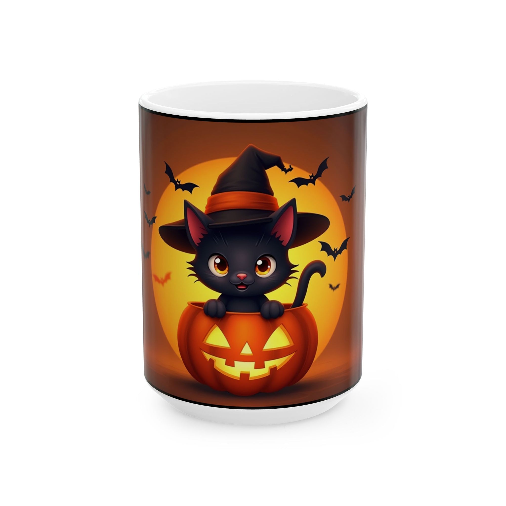 Halloween Cat Ceramic Mug, Cute Black Cat Mug, Pumpkin Mug, Spooky Drinkware, Fall Coffee Cup