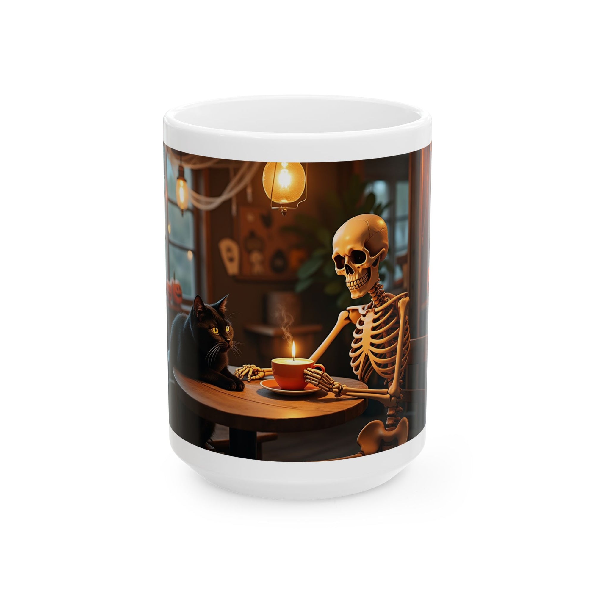 Whimsical Skeleton Cat Mug: Cozy Coffee Cup, Halloween Decor, Gift for Cat Lovers, Unique Kitchenware