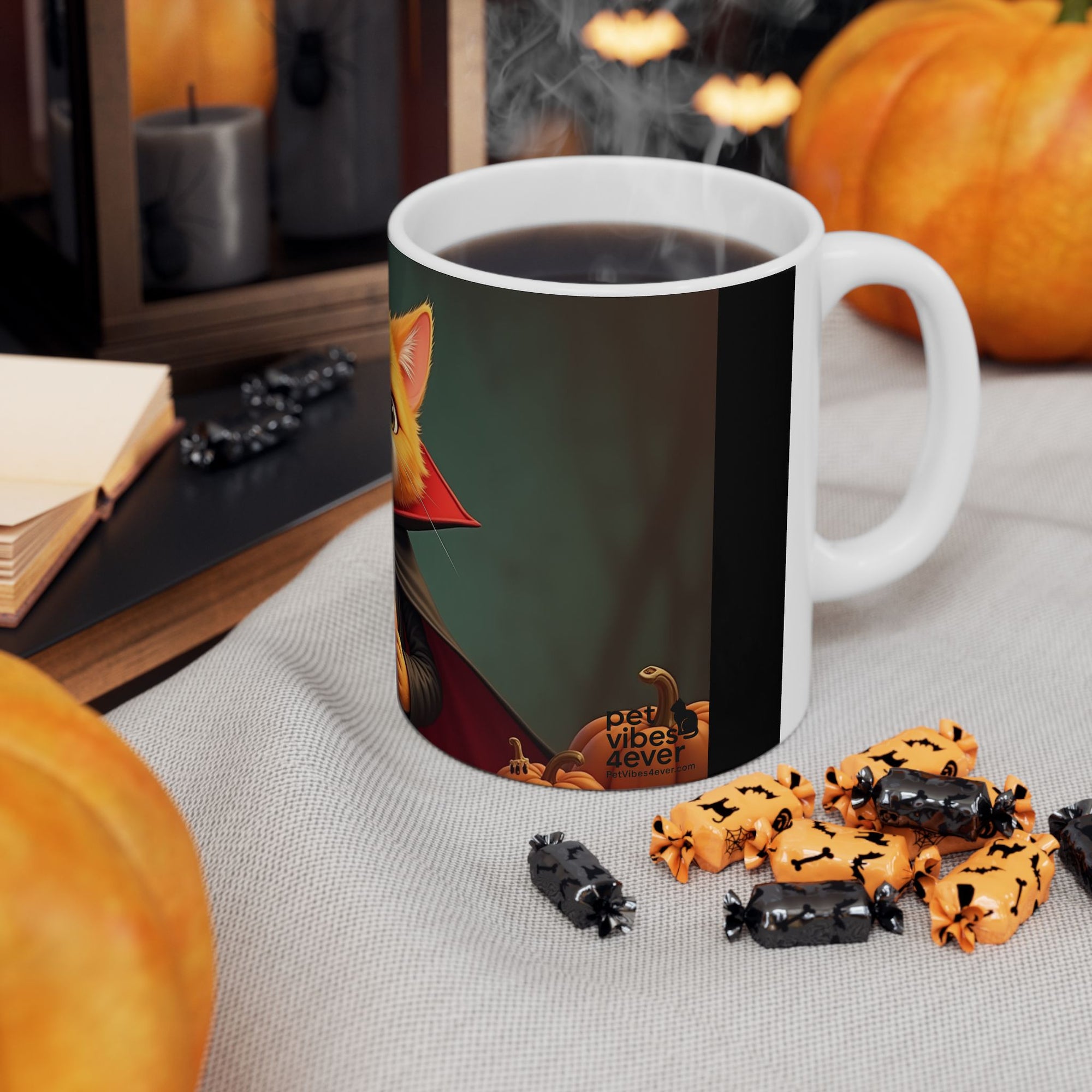Spooky Cat Ceramic Mug - Halloween Coffee Cup for Cat Lovers, Cute Gift, Pumpkin Design, 11oz & 15oz