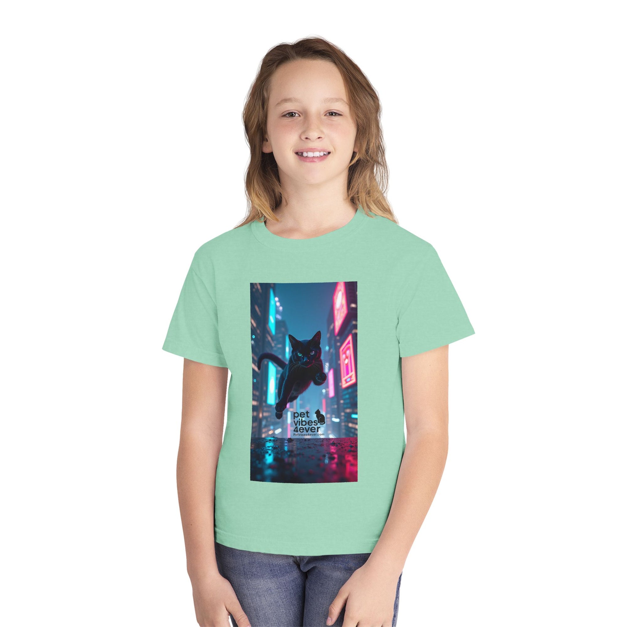 Youth Cat Vibes Tee, Cool Graphic Youth T-Shirt, Stylish Cat Shirt, Perfect for Pet Lovers, Casual Wear, Birthday Gift