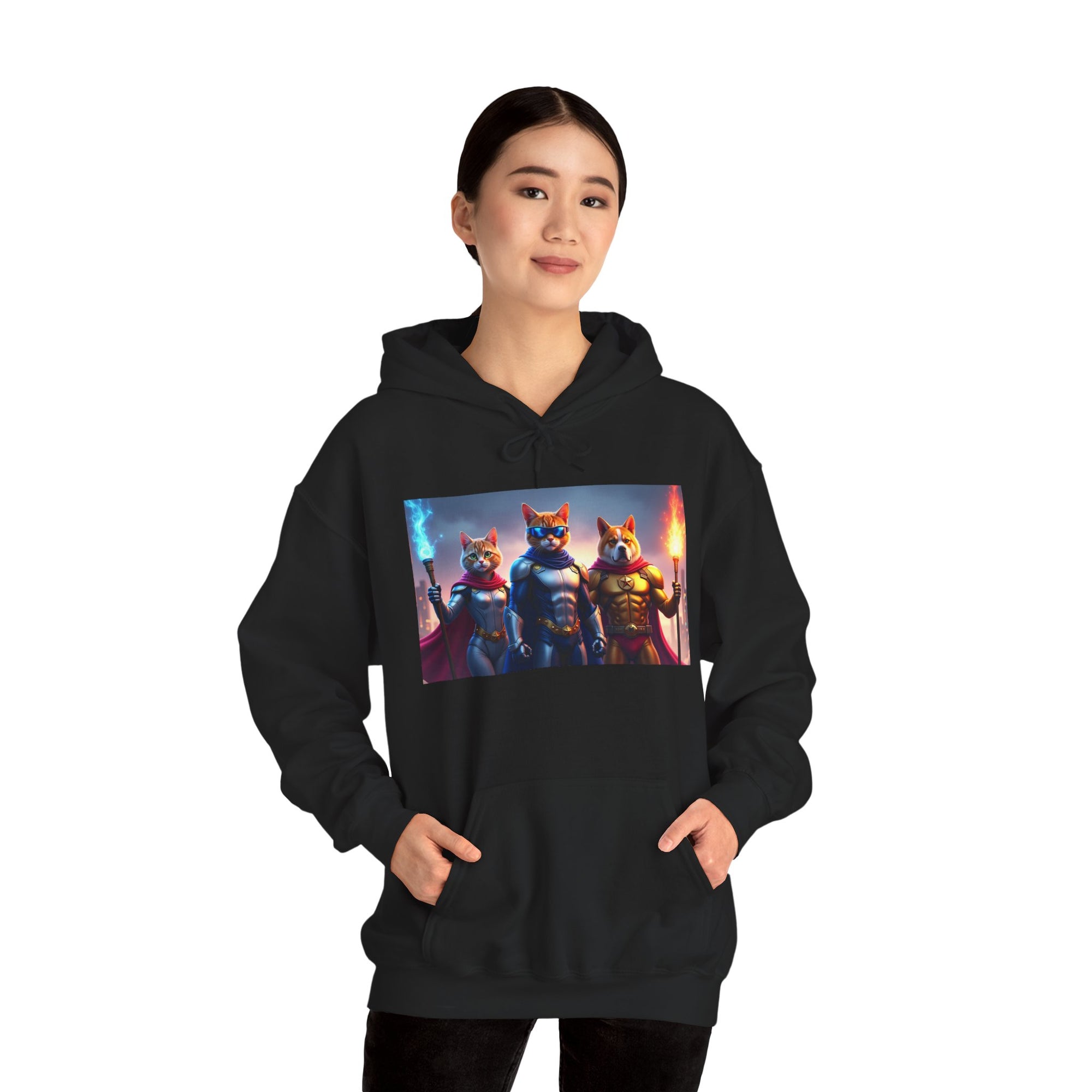 Epic Feline Warriors Hoodie | Unisex Heavy Blend™ Hooded Sweatshirt | Cosplay, Gift, Cat Lover, Graphic Tee, Casual Wear