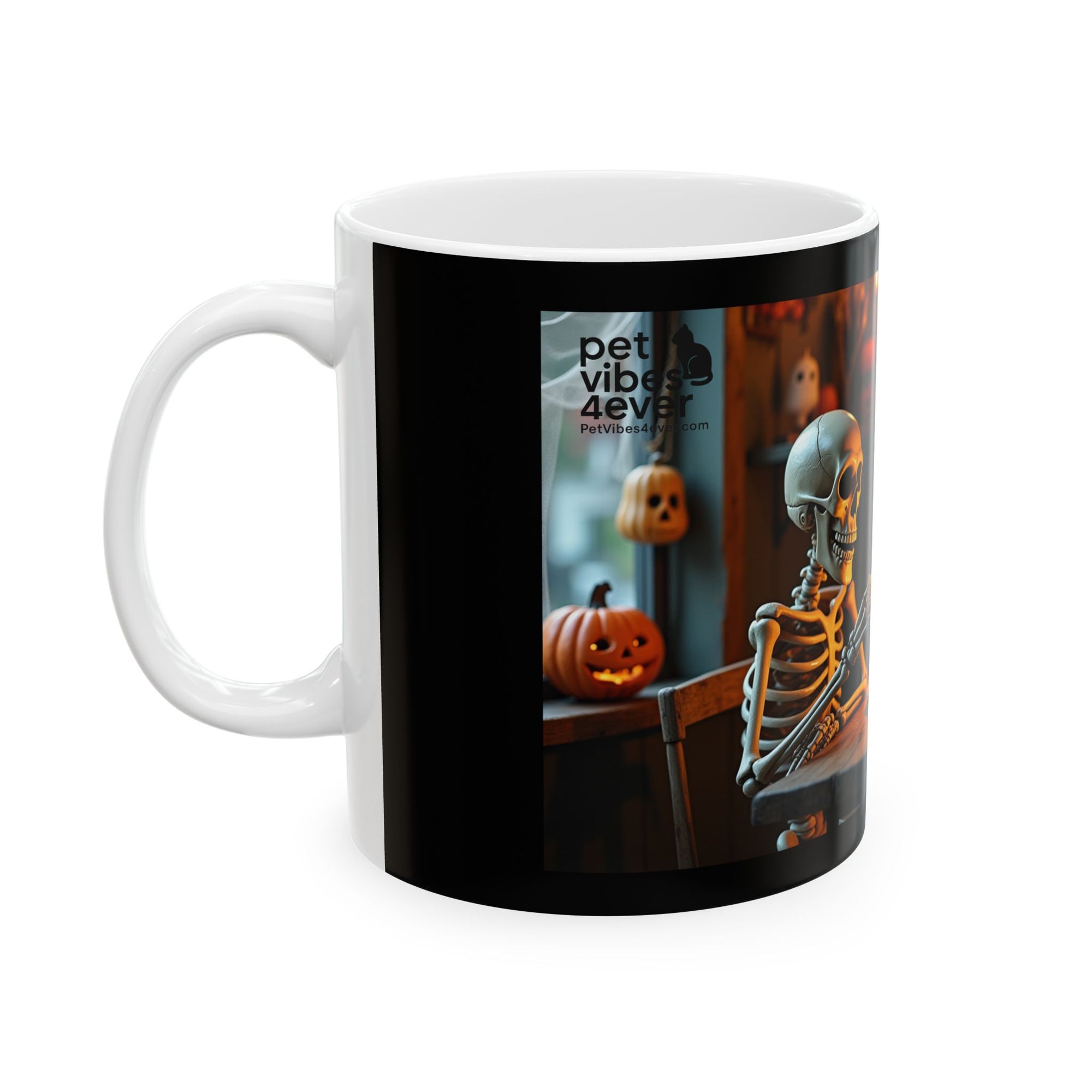 Spooky Skeleton & Cat Mug, Halloween Gift, Cute Ceramic Cup, Cozy Coffee Mug, Gothic Home Decor