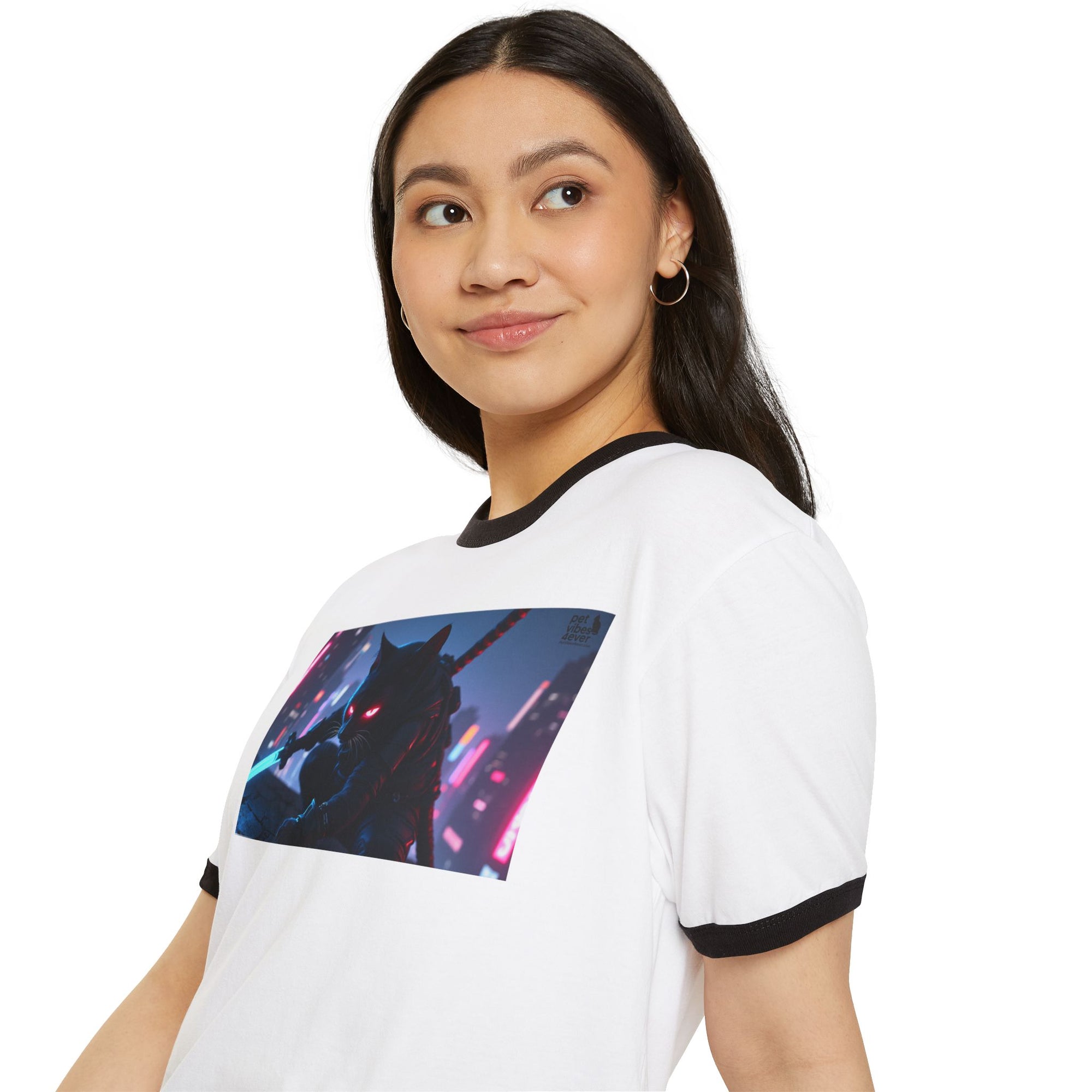 Cyberpunk Cat Unisex Ringer T-Shirt, Futuristic Tee, Cat Lover Gift, Retro Graphic Tee, Unique T-Shirt for Pet Lovers