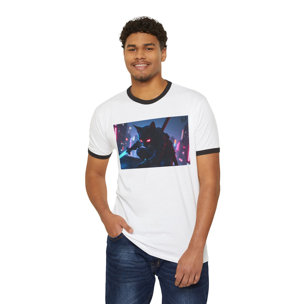 Cyberpunk Cat Unisex Ringer T-Shirt, Futuristic Tee, Cat Lover Gift, Retro Graphic Tee, Unique T-Shirt for Pet Lovers