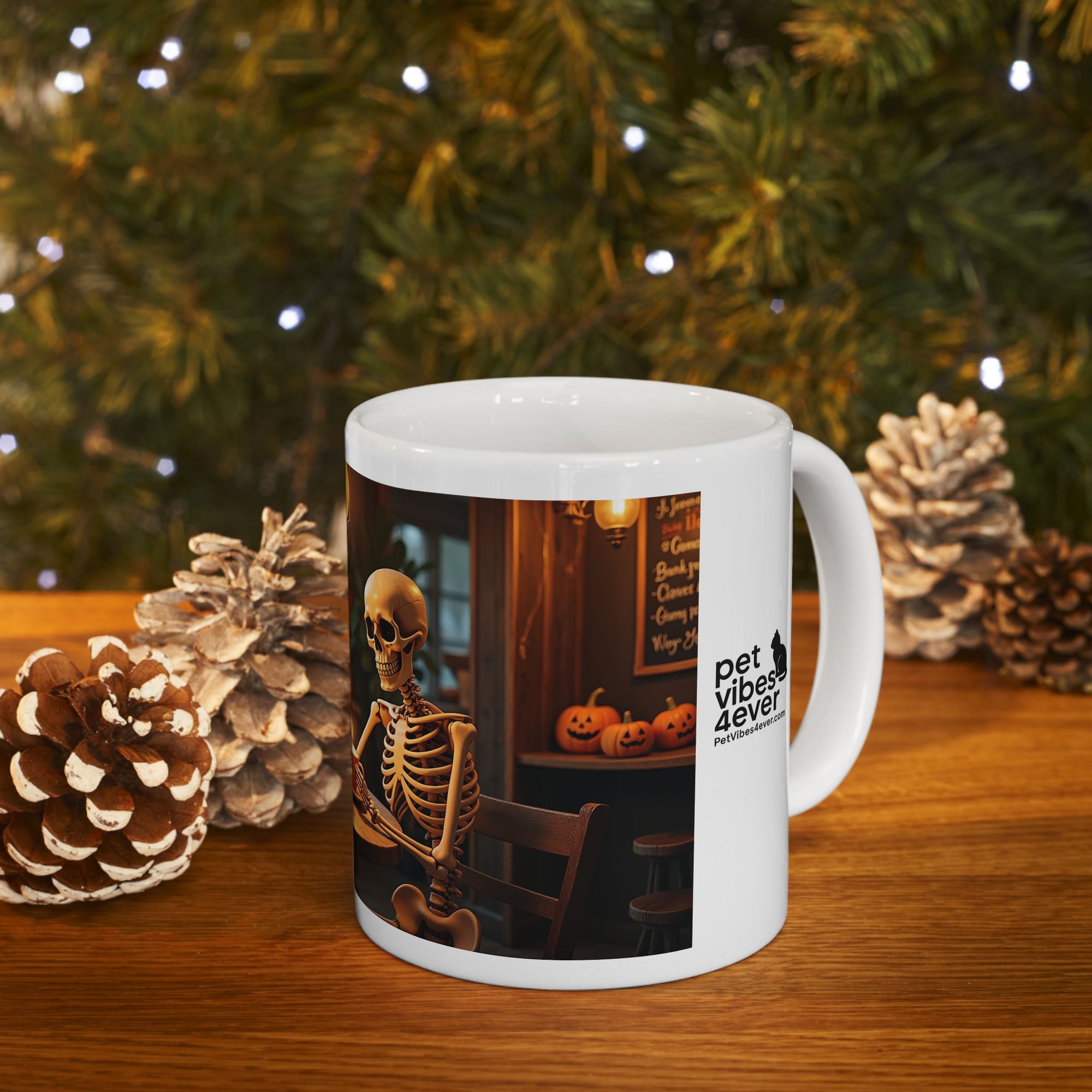 Whimsical Skeleton Cat Mug: Cozy Coffee Cup, Halloween Decor, Gift for Cat Lovers, Unique Kitchenware