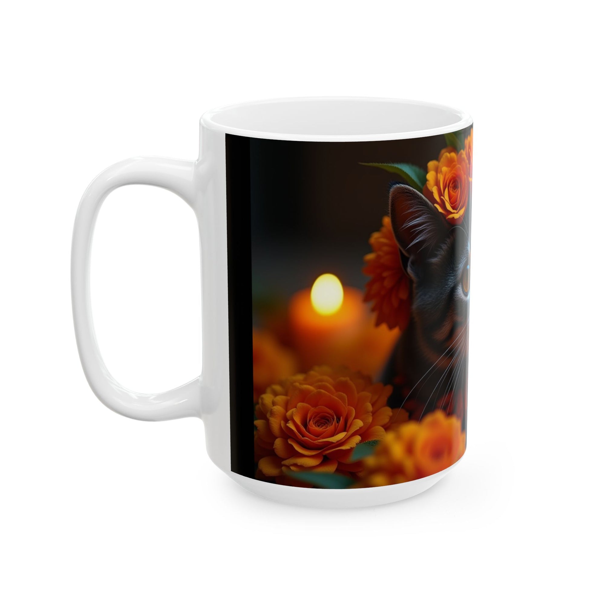 Whimsical Cat Ceramic Mug - Perfect Gift for Cat Lovers, Halloween Decor, Cozy Coffee Cup, Tea Mug, Floral Design
