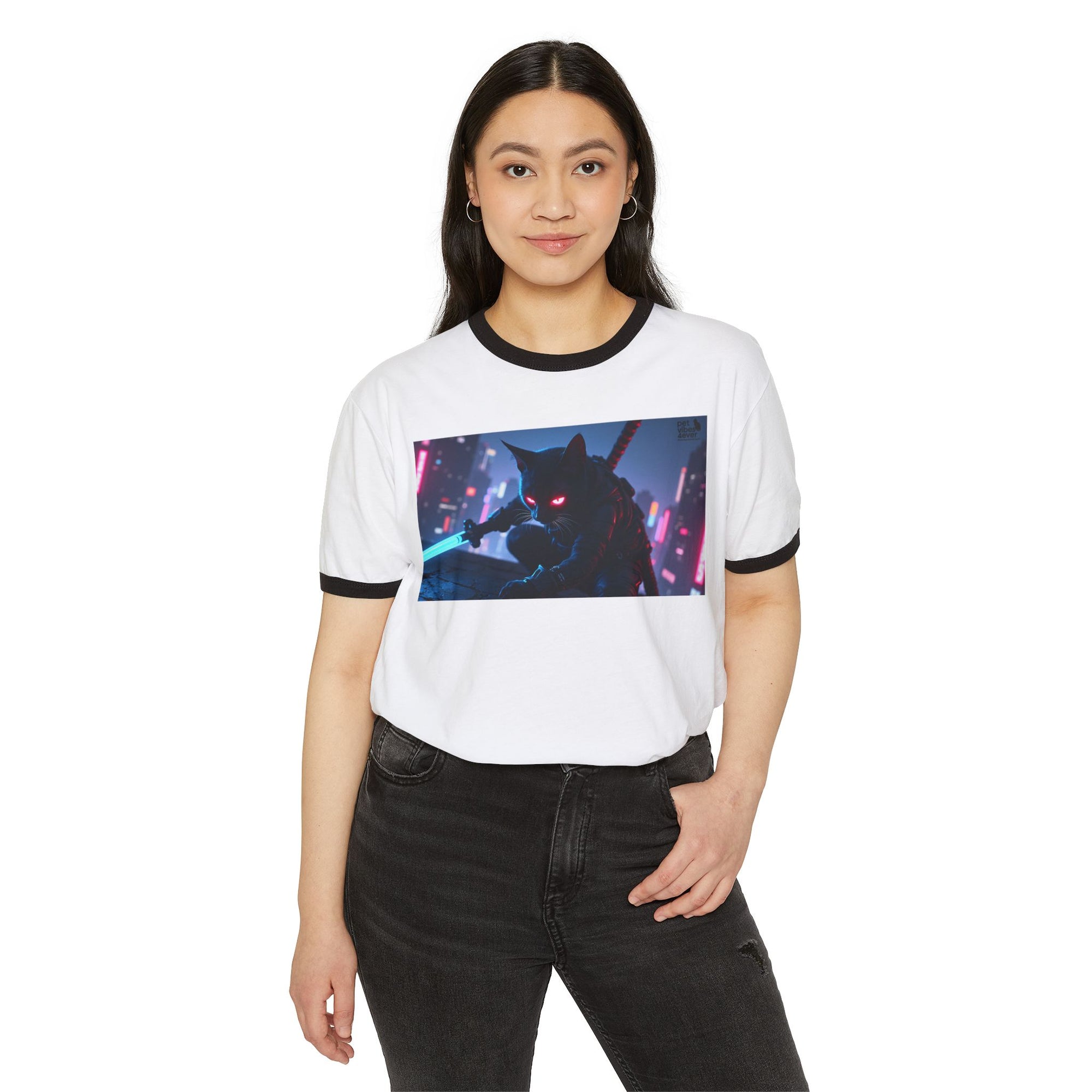 Cyberpunk Cat Unisex Ringer T-Shirt, Futuristic Tee, Cat Lover Gift, Retro Graphic Tee, Unique T-Shirt for Pet Lovers