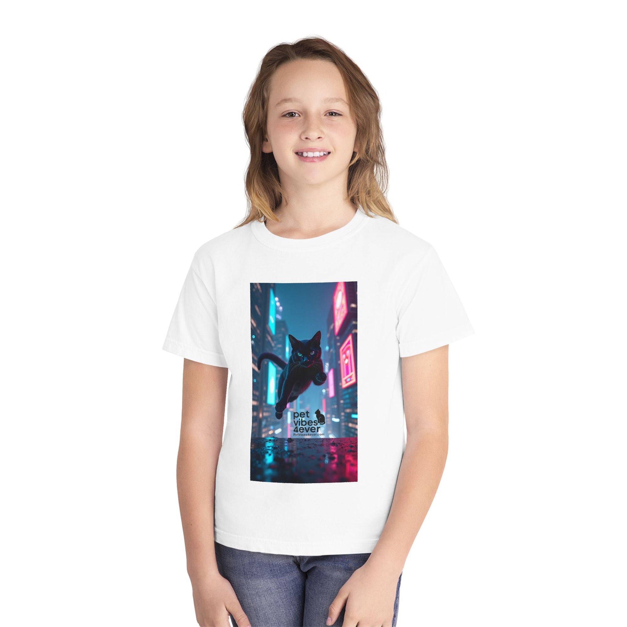 Youth Cat Vibes Tee, Cool Graphic Youth T-Shirt, Stylish Cat Shirt, Perfect for Pet Lovers, Casual Wear, Birthday Gift