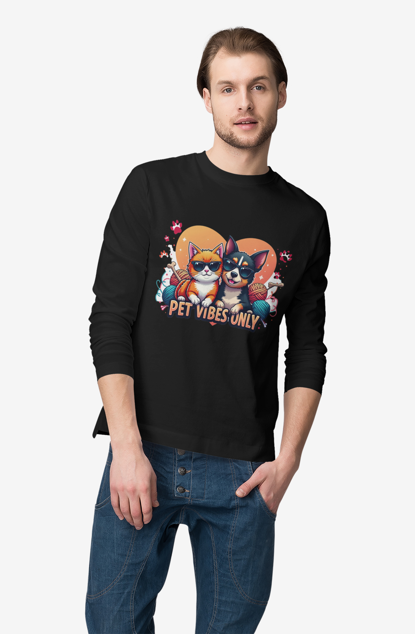 Cute Pet Vibes Long Sleeve Tee, Animal Lover Gift, Cat and Dog Tee, Fun Casual Wear, Perfect for Pet Owners